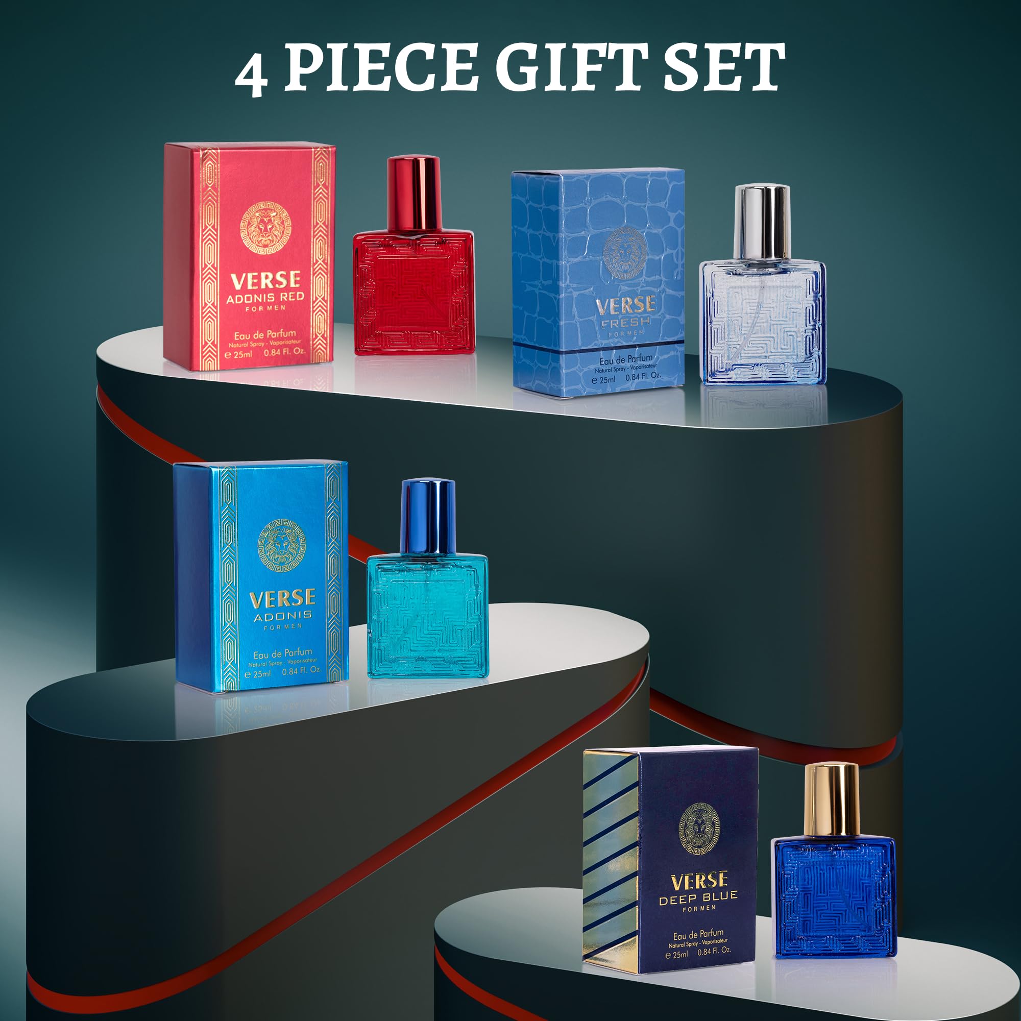 NovoGlow Verse Mini 4-Piece Men's Fragrance Gift Set - Aromatic, Floral, Oriental & Woody Notes - 25ml Eau De Parfum Travel Size - Individually Boxed - Perfect for Gifts, Travel & Daily Use