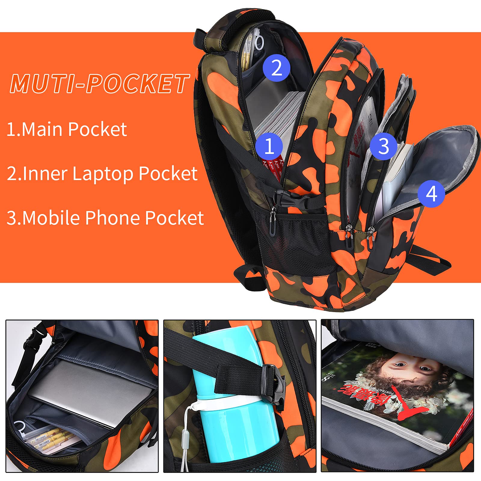 Camouflage Backpack for School, Travel & Outdoor - Christmas Gift for Boys & Girls (DY Camo Orange) - Perfect for Hiking & Daily Use