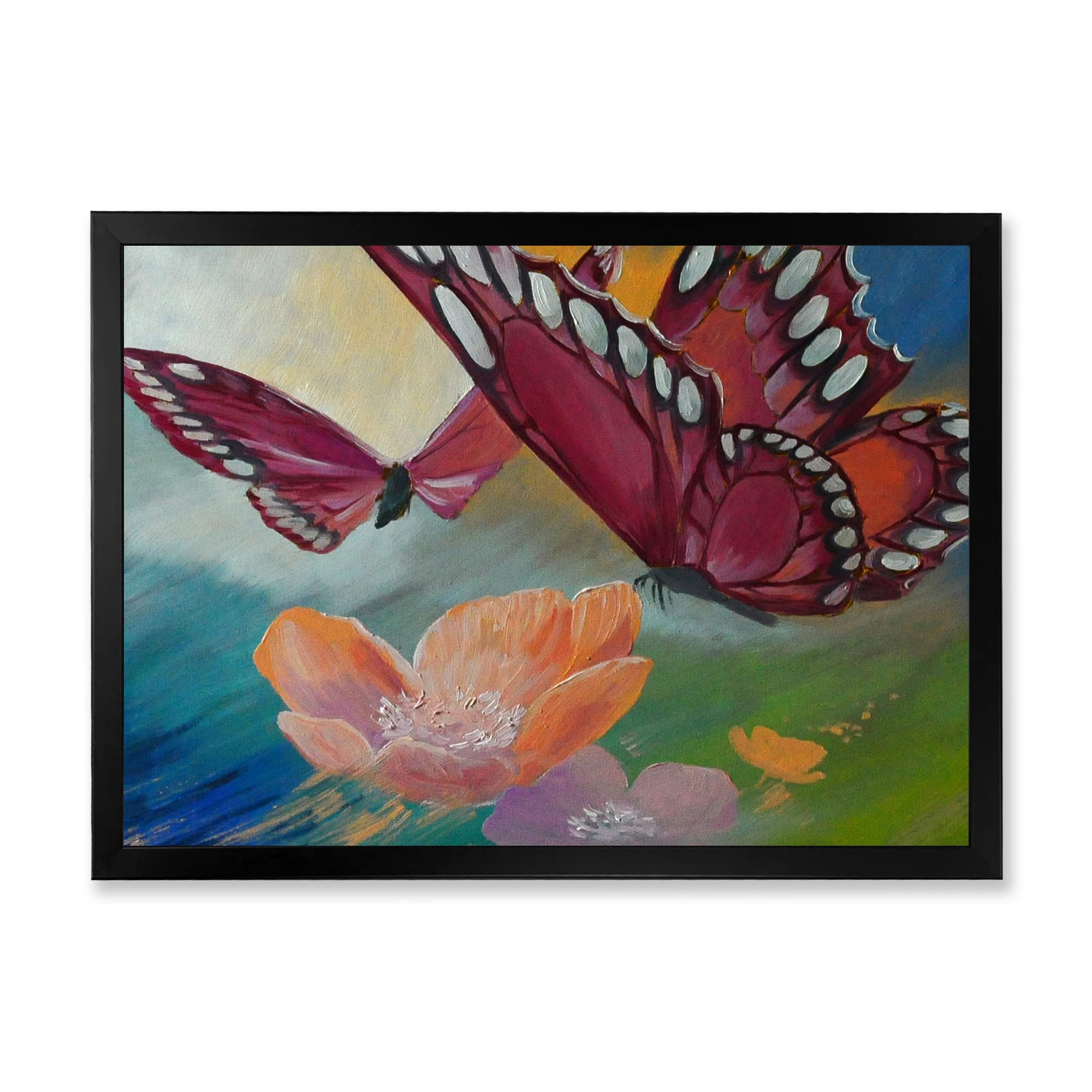 Butterfly on Pink Flowers Traditional Framed Wall Art - Vintage Floral Home Decor for Living Room, Bedroom & Office