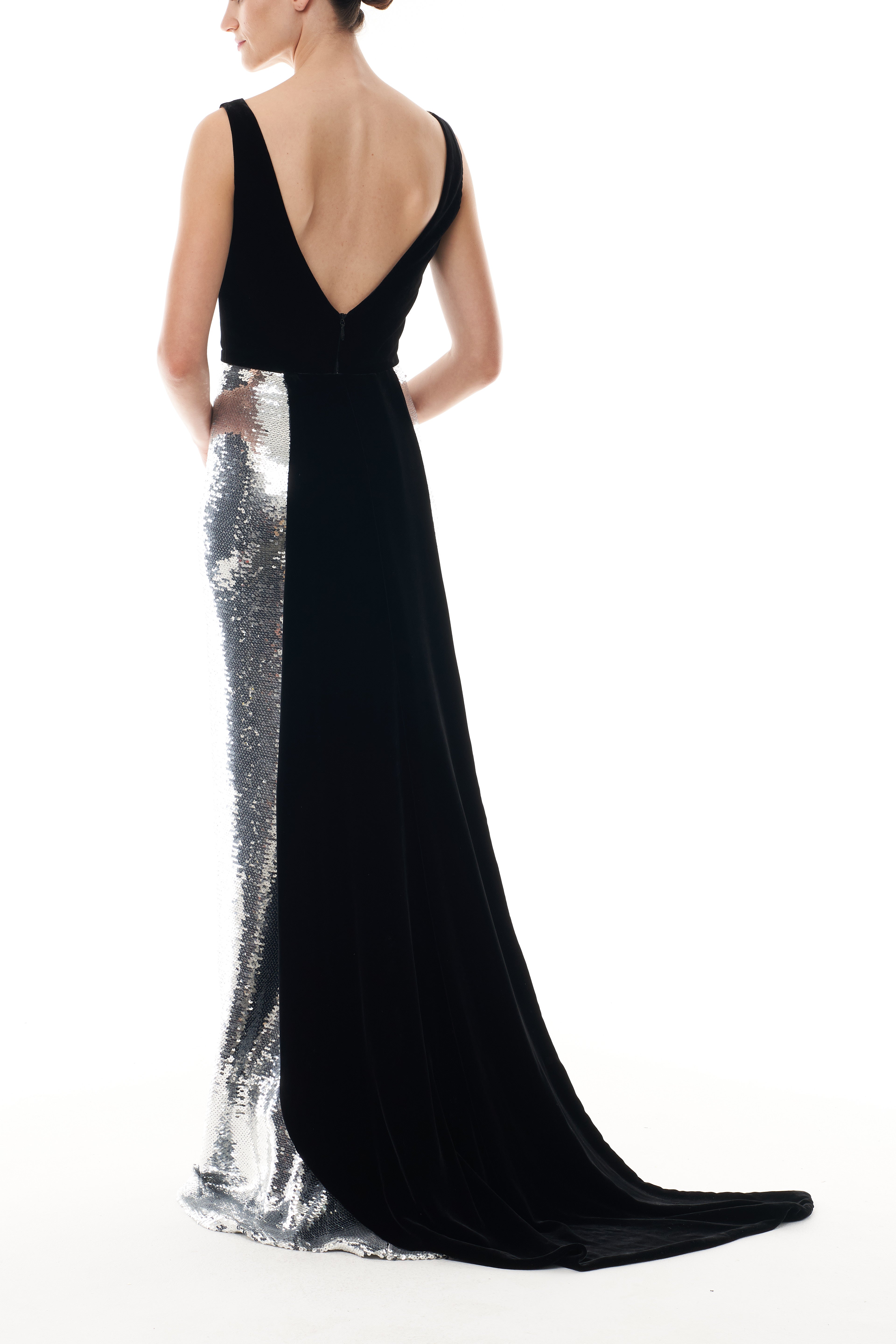 Elegant Noir Silver Velvet & Sequin Gown - Perfect for Evening Gala, Prom, Wedding & Special Occasions