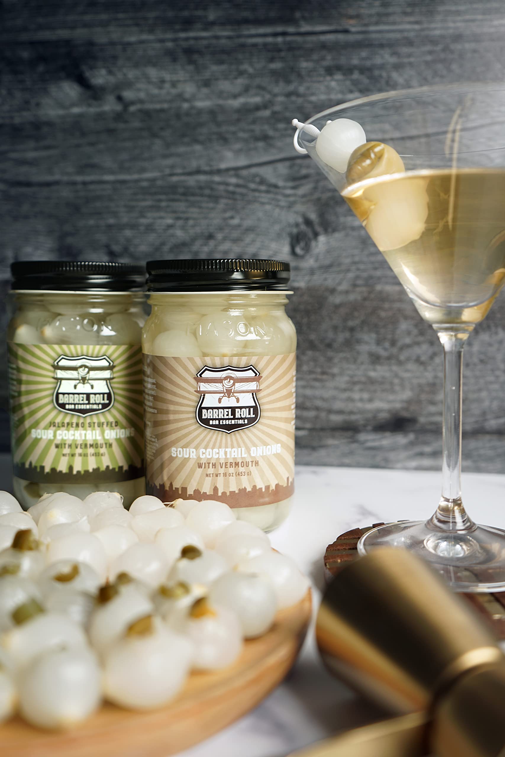 Barrel Roll Bar Essentials Cocktail Onions - Classic Sour Silver Skin Pickled Onions in Vermouth & Salty Vinegar - Perfect for Gibson & Bloody Mary Cocktails - Gourmet Drink Garnish - 16oz - Ideal for Home Bars, Cocktail Parties & Upscale Mixology