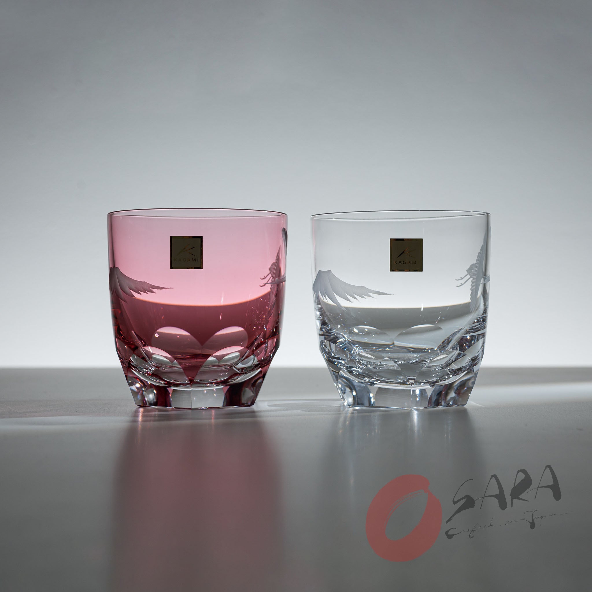KAGAMI Crystal Luxury Engraved Glass Set - Crane & Mt. Fuji Design for Home Barware & Gift Giving | Japanese Art Decor for Whiskey, Cocktail, and Wine Glasses