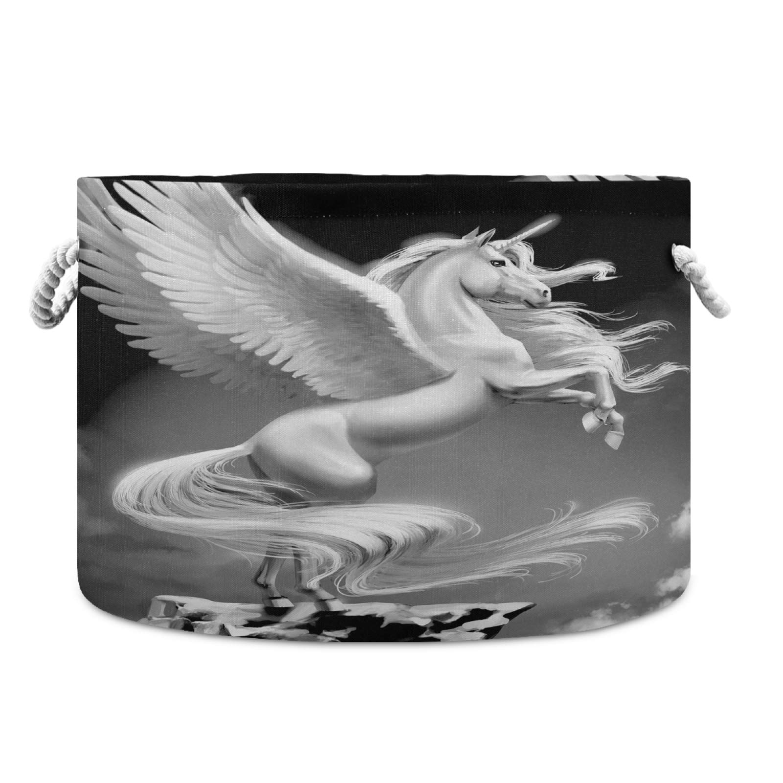 White Unicorn with Wings Collapsible Waterproof Storage Basket - Large Round Laundry Hamper & Nursery Organizer with Handles for Baby Clothes, Toys, Bedroom, Closet | Perfect for Kids Room Decor & Gift Giving