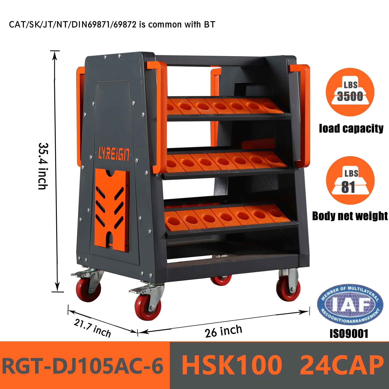 HSK100 CNC Tool Cart - 24 Capacity 3-Tier Rolling Tool Organizer with CNC Wheels | Mobile Tool Holder Cart for Cat 40 & CNC Machines | Workshop & Garage Storage Solution