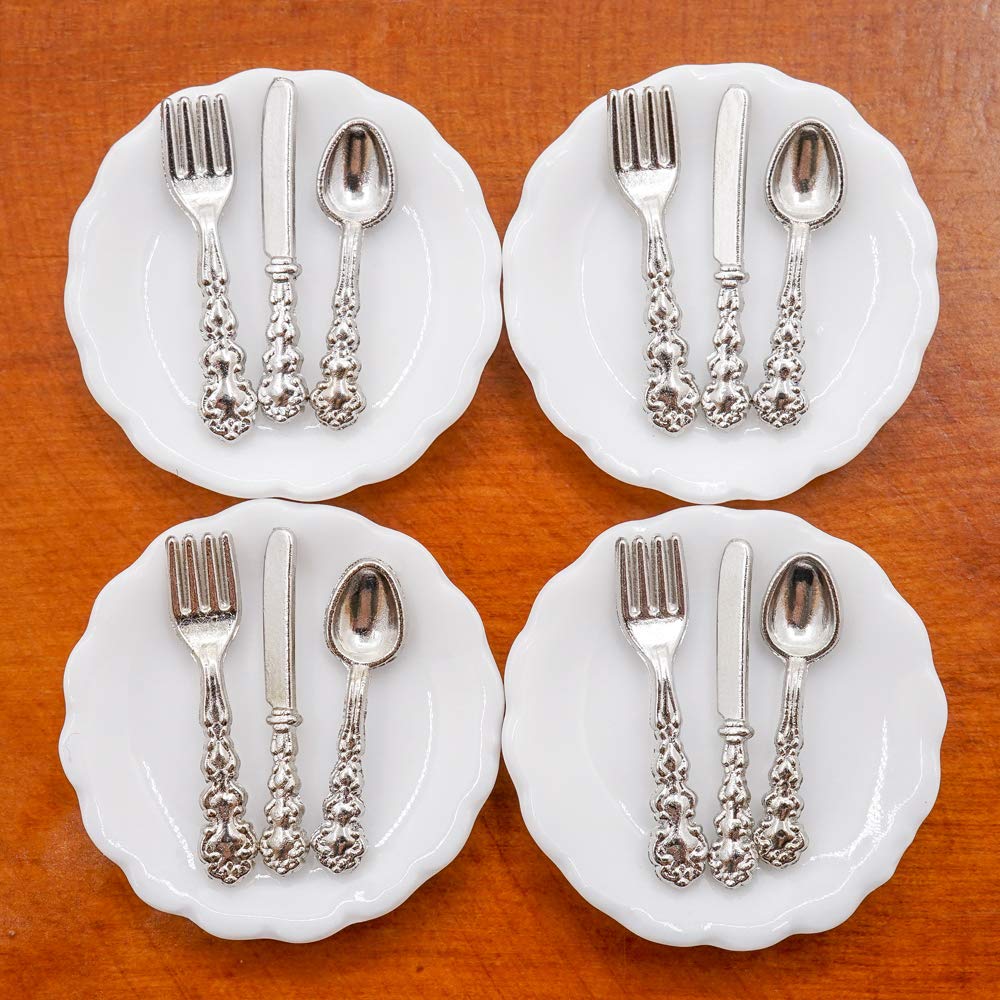 1/12 Scale Miniature Plates & Silverware Set - Knife Fork Spoon Dollhouse Accessories for 1:12 Scale Models (Silver) | Perfect for Dollhouse Dining Room, Miniature Displays & Model Train Scenes