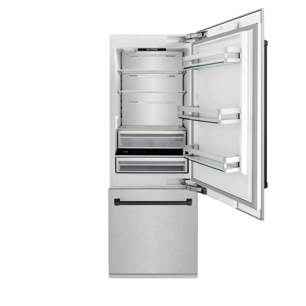 ZLINE Autograph Edition 30-Inch Built-In Bottom Freezer Refrigerator - 16.1 cu.ft Capacity, Water Dispenser & Ice Maker - Satin Stainless Steel with Matte Black Accents (RBIVZ SN 30 MB) - Perfect for Modern Kitchens, Open-Concept Homes & Luxury Appliances Collection