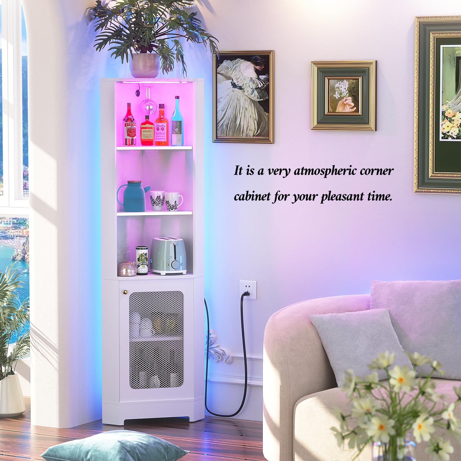 5-Tier White Corner Shelf with Power Outlet & LED Light - Glass Holder Storage Cabinet for Living Room, Kitchen, Bar - Space-Saving Display Unit for Small Spaces & Home Decor