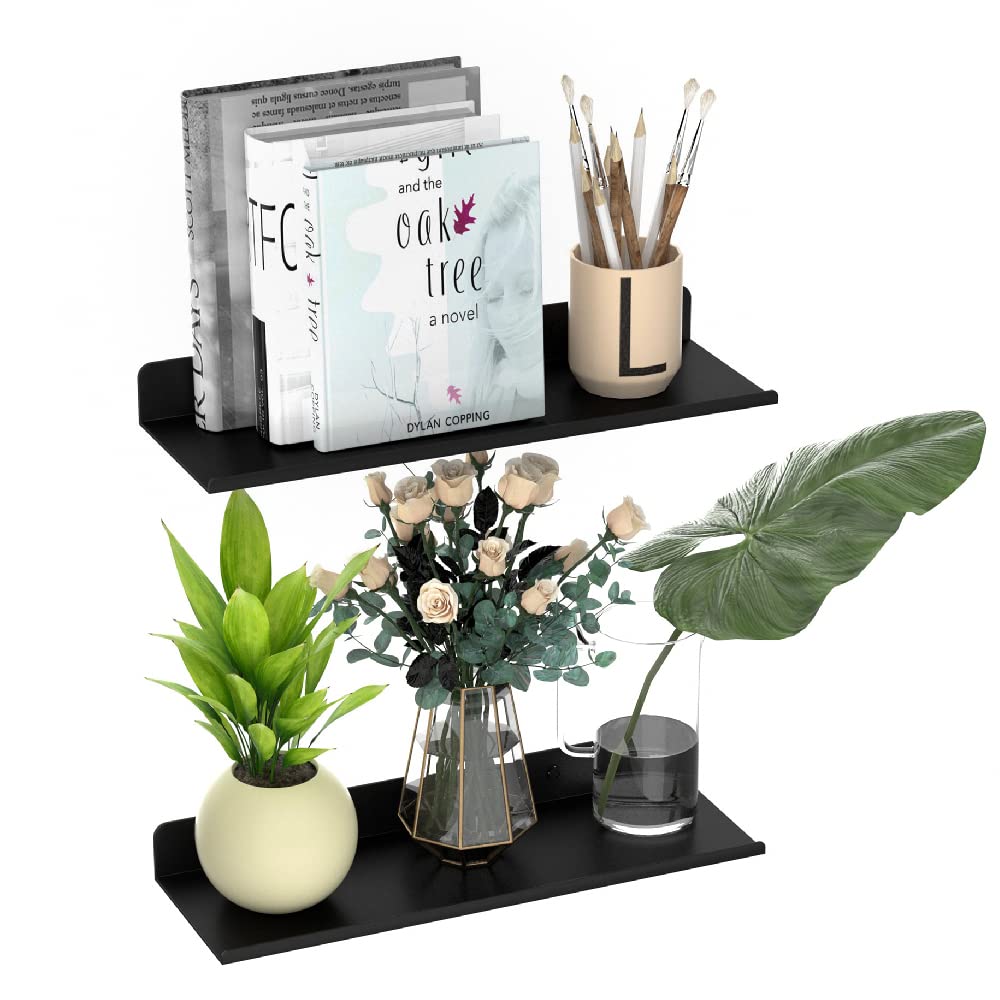 Black Metal Wall Shelf Set of 2 - 11.8 Inch Rustic Farmhouse Floating Shelves for Bathroom, Bedroom, Living Room & Kitchen | Durable Benzoyl Coated Metal Display Shelves for Storage & Decor | Perfect for Small Spaces, Vanity Organizers & Wall Mounted Storage Solutions