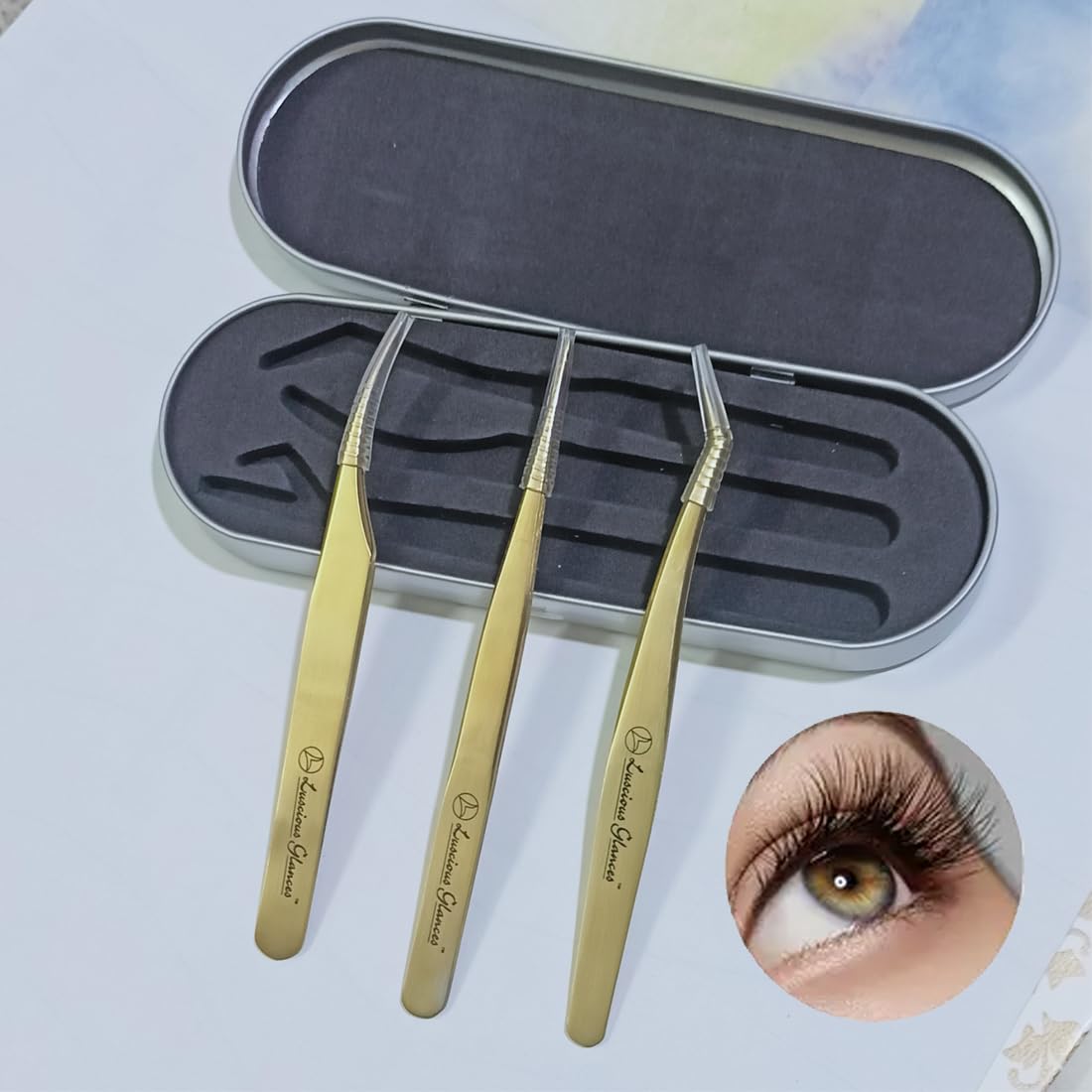 Premium 3-Piece Eyelash Extension Tweezers Set - Golden Volume, Precision Straight & Curved Tweezers with Metal Storage Box | Professional Lash Tools for Salon & Home Use