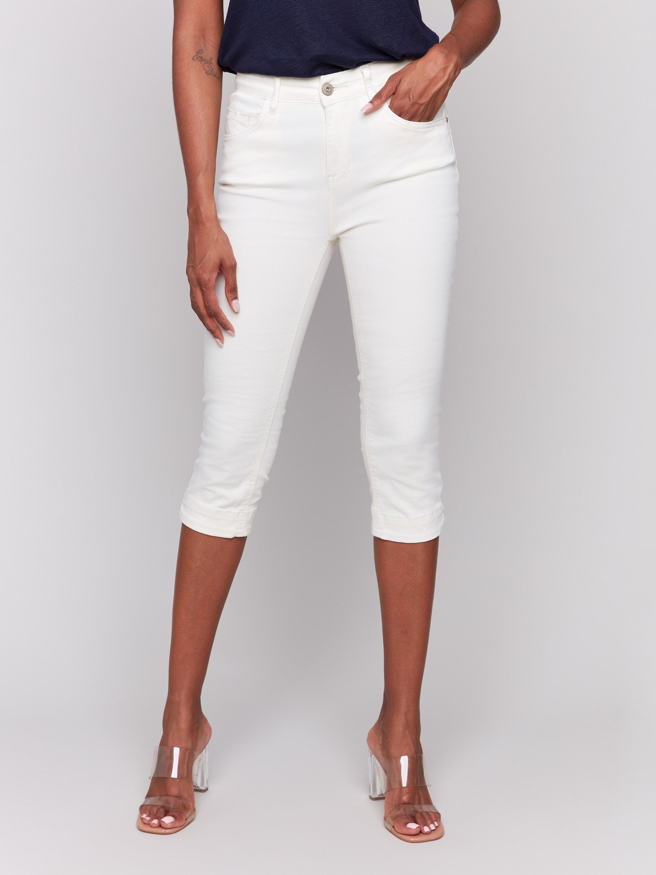 Women's Knee High Capri Twill Pants - Comfortable Natural Color Stretch Pants for Yoga, Workout & Casual Wear