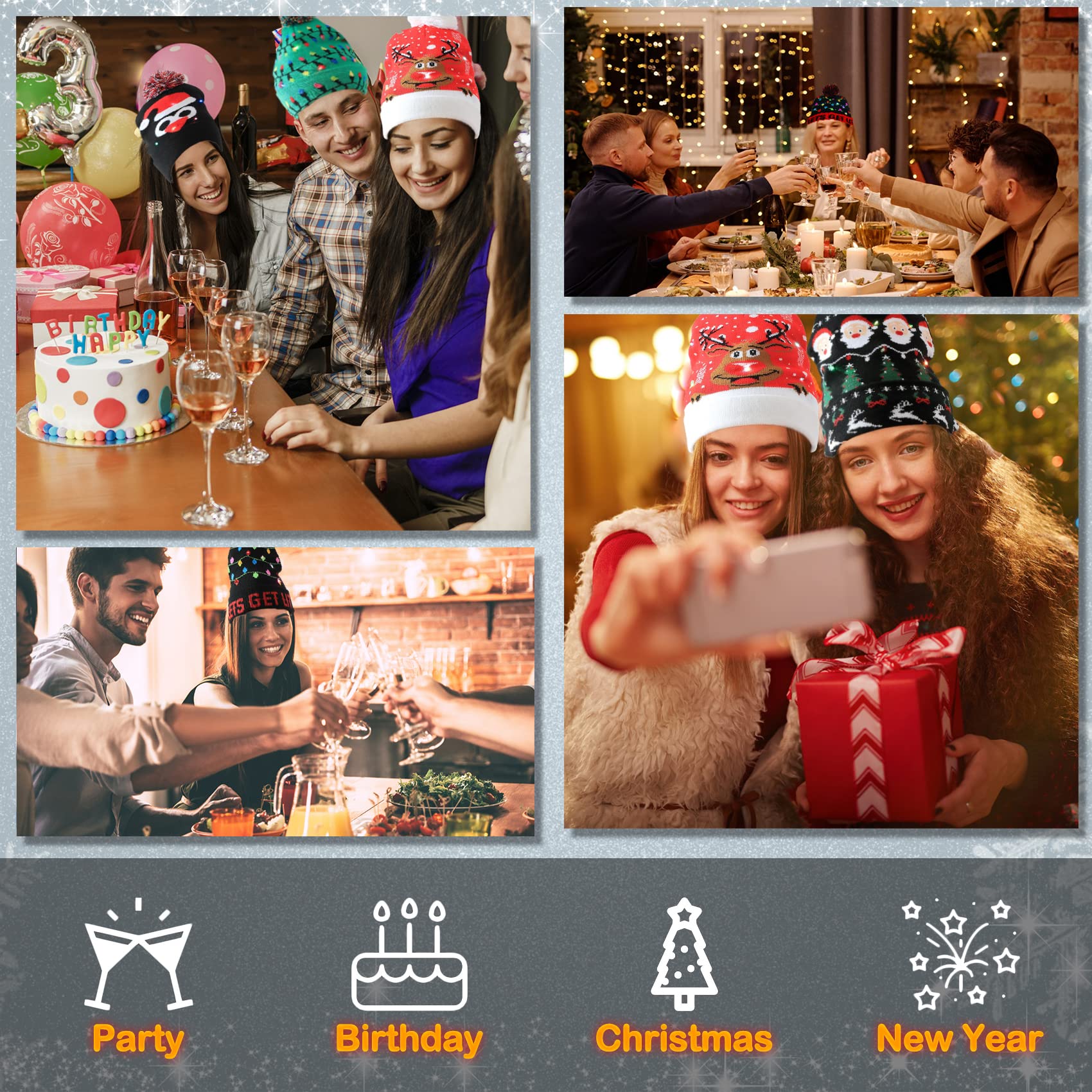 4-Pack LED Christmas Knitted Hats with 6 Colorful Built-in Lights - Unisex Light Up Beanie for Ugly Sweater Parties, Winter Holidays & Festive Gatherings | Perfect for Christmas Celebrations, Gift Exchanges & Family Photos