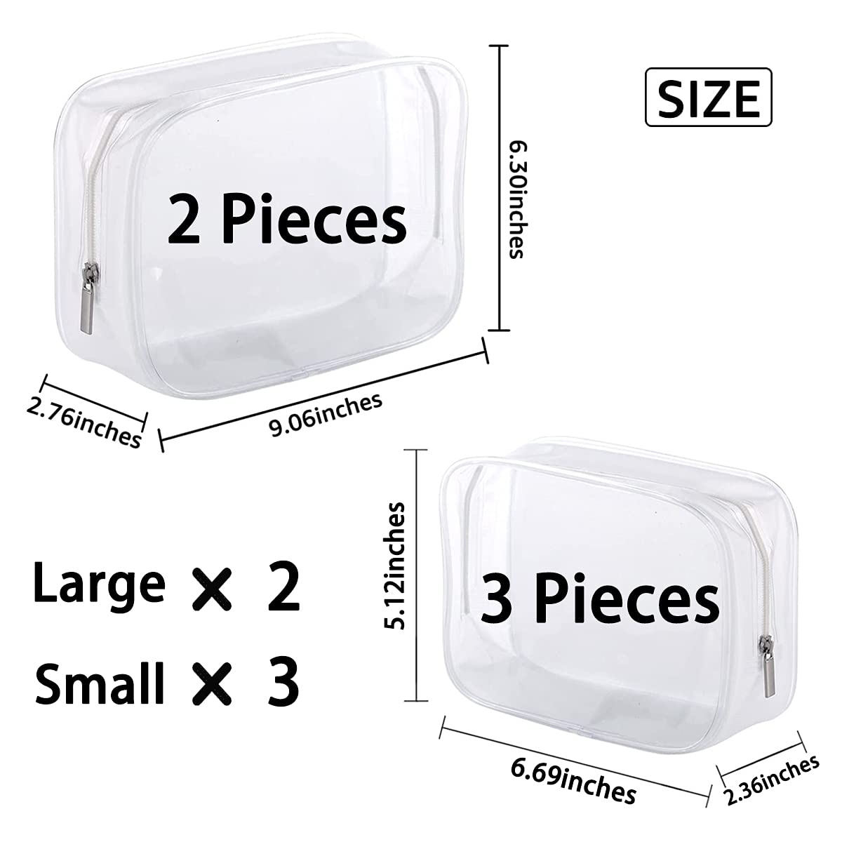 5 Pack Clear Plastic Zippered Toiletry Bags - TSA Approved Travel Cosmetic Organizer for Makeup & Bathroom Essentials | Perfect for Vacation, Business Trips & Daily Organization (White, Small/Large)