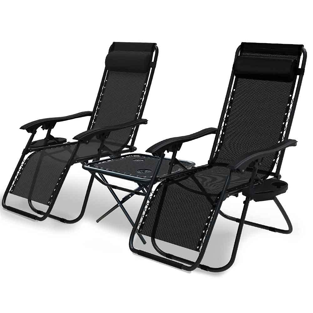 VOUNOT 2-Pack Foldable Outdoor Lounge Chair with Side Table & Cup Holder - Reclining Patio Chair with Removable Headrest, Supports 120KG - Perfect for Garden, Poolside, Beach & Backyard Relaxation