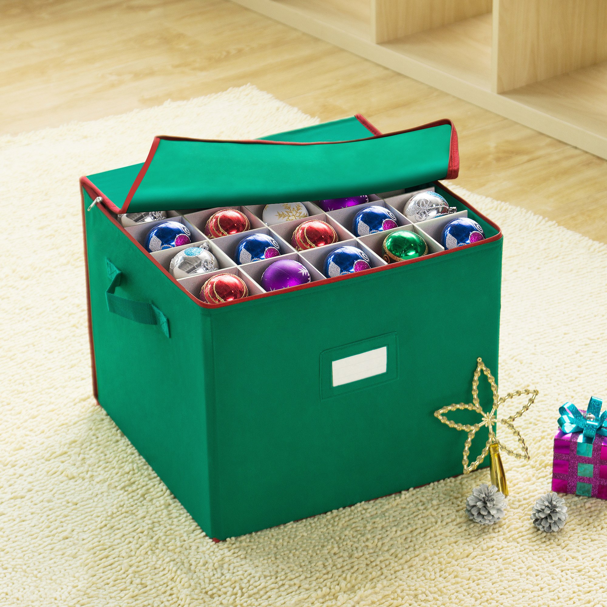 Christmas Ornament Storage Box with Secure Zip Top - Holds 75+ Large Ornaments, Green - Perfect for Holiday Decor Organization & Seasonal Storage