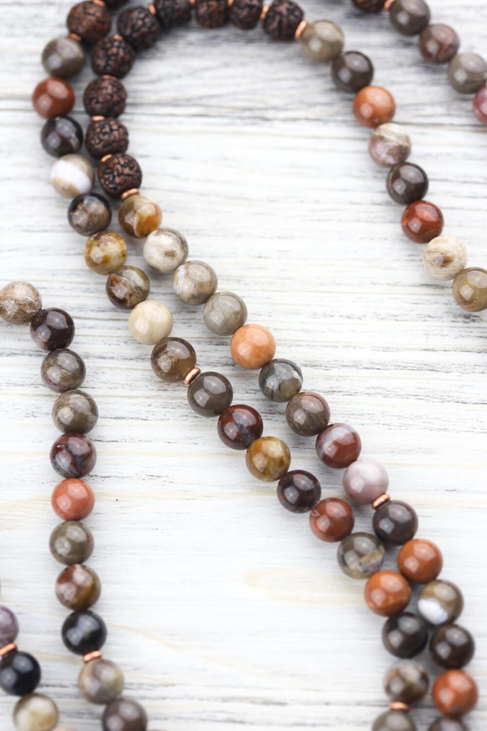 9 Eye Dzi Beads & Petrified Wood Mala Bracelet - Tibetan Buddhist Prayer Beads for Meditation, Spiritual Protection & Energy Healing