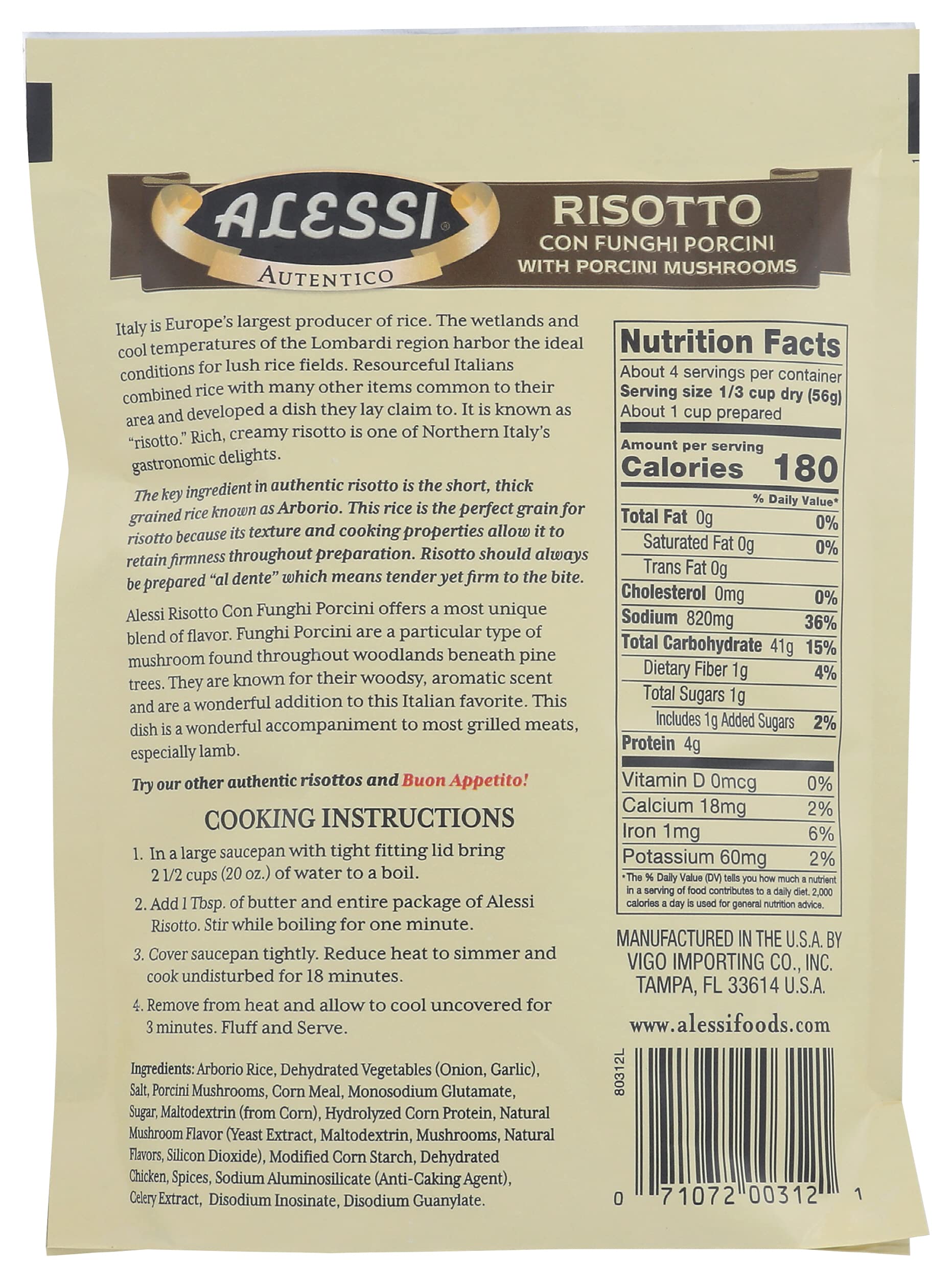 Authentic Italian Arborio Risotto Rice - Alessi Autentico Premium Seasoned Risotto with Porcini Mushrooms, 8oz (Pack of 1) - Easy to Prepare Gourmet Meal for Dinner Parties & Romantic Date Nights