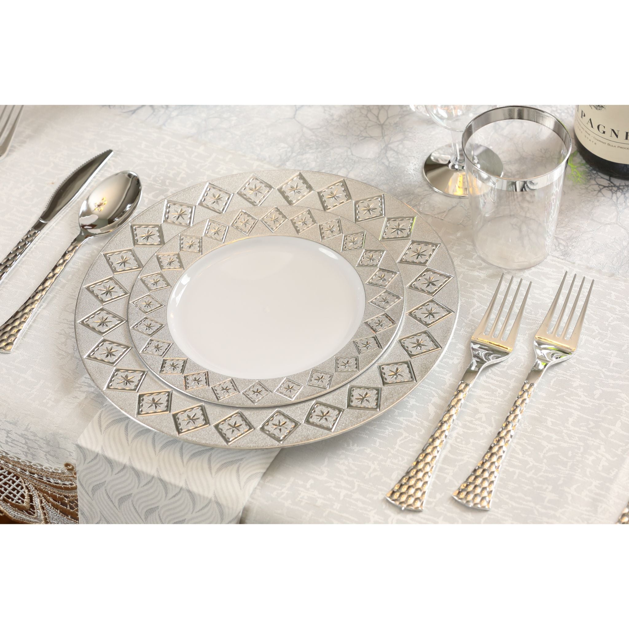 Elegant White and Silver Round Plastic Plates - Durable Disposable Dinnerware for Parties, Picnics & Events | Imperial Brand