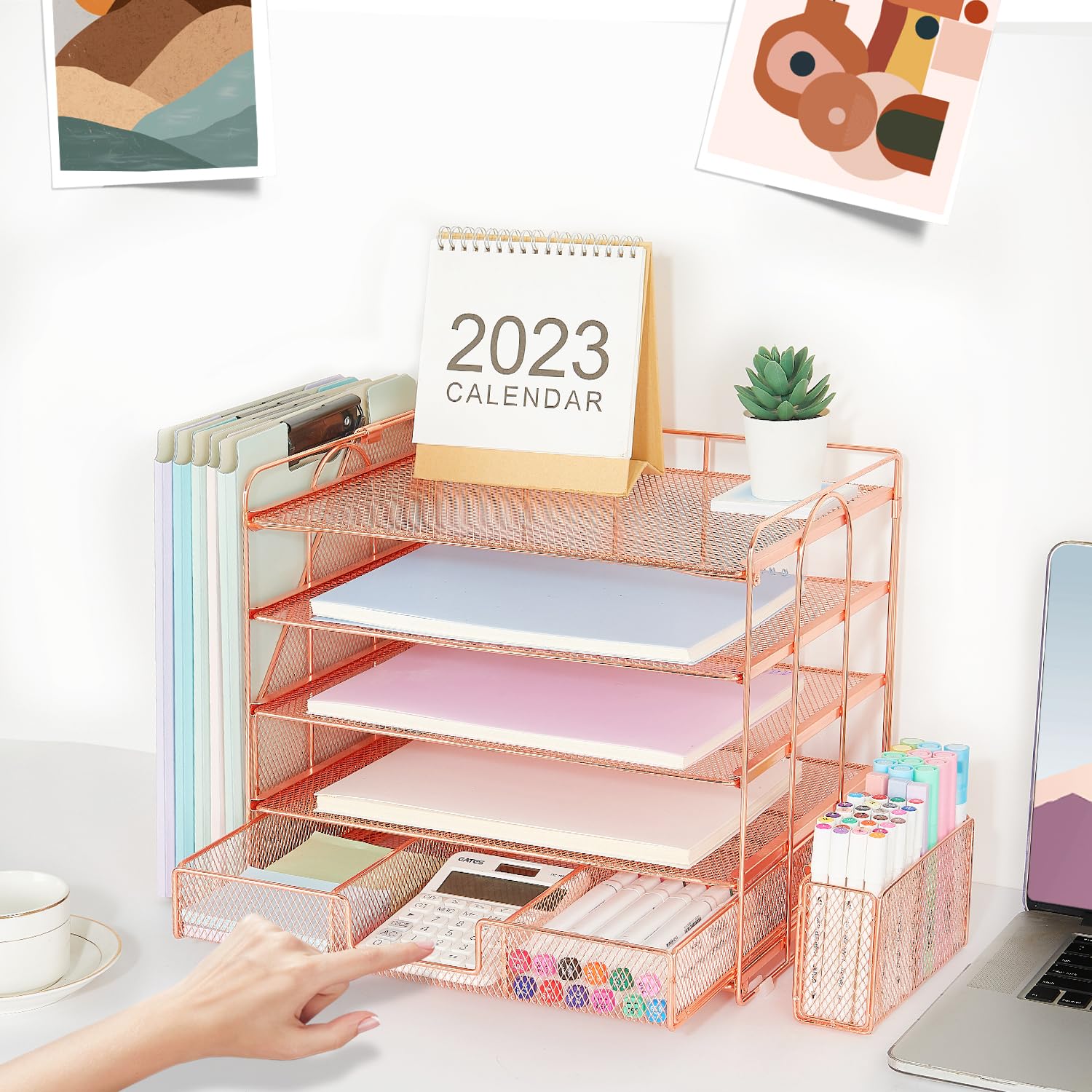5-Tier Desk Organizer with File Holder, Drawer & Pen Storage - Rose Gold Paper Letter Tray for Office Organization | Perfect for Women's Workspace, Home Office & School Supplies Management