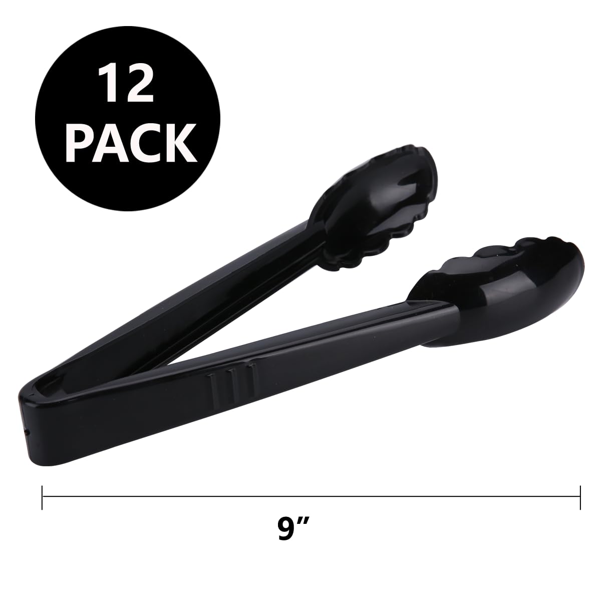 Heavy Duty 9-Inch Plastic Tongs for Kitchen - 12-Piece Disposable Utensil Set with Scalloped Design - Food Safe Salad Serving Tongs - Perfect for Buffets, BBQ, Parties & Outdoor Dining (Black)