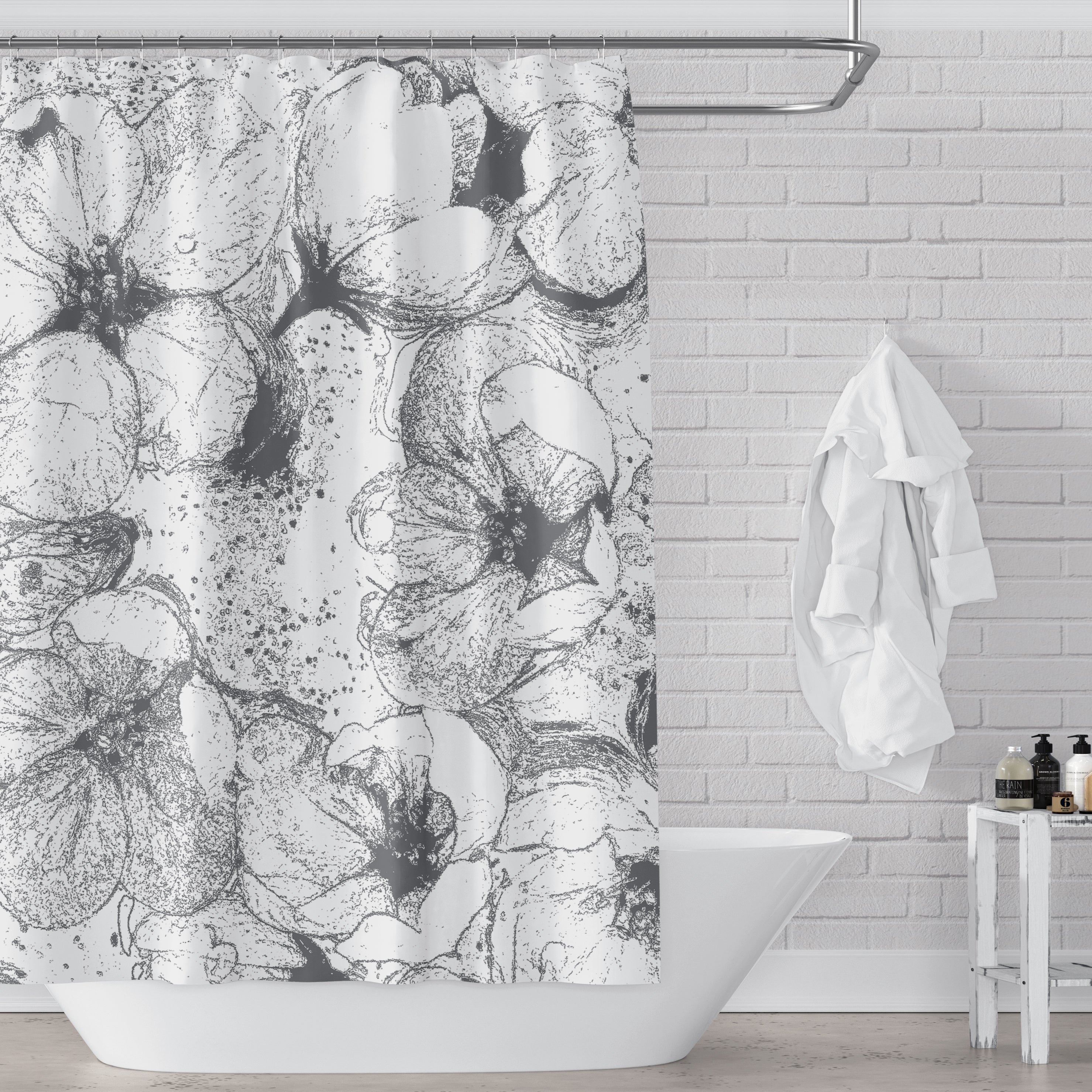 Apple Blossom Shower Curtain - Large Gray Sketch Floral Bathroom Decor for Modern Farmhouse or Boho Style Homes