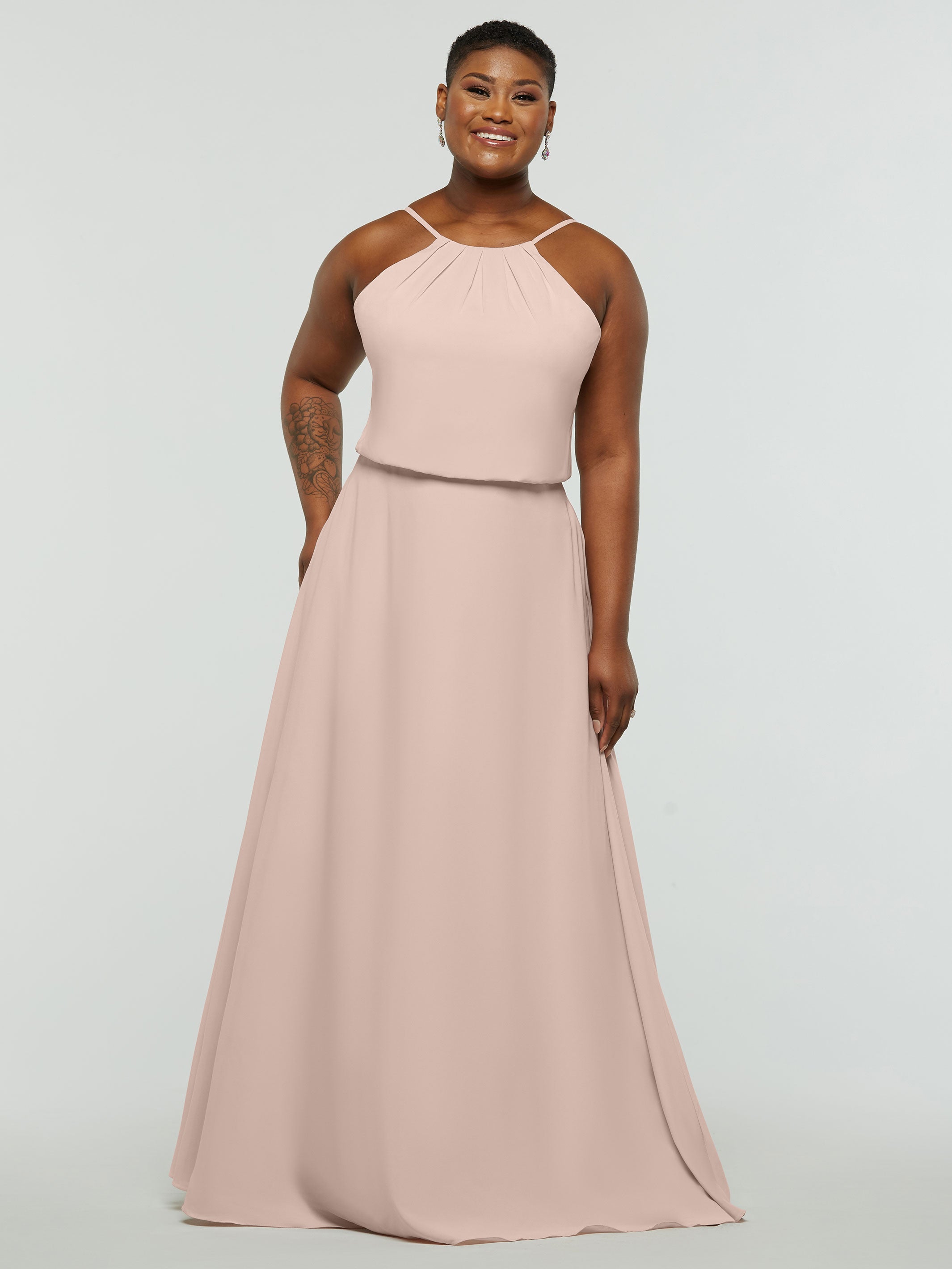 Elegant 83015 Stretch Chiffon A-Line Bridesmaid Dress with Halter Neckline - Perfect for Weddings, Formal Events & Special Occasions