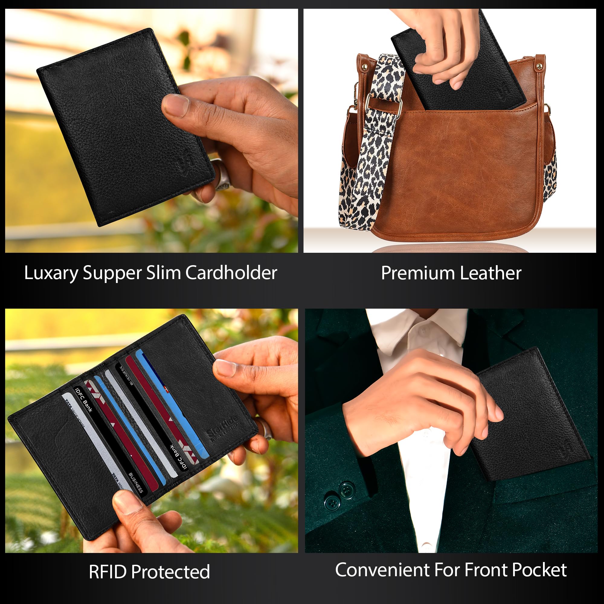 Ultra Slim Men's Nappa Leather Credit Card Holder - Minimalist RFID Blocking Wallet for Business & Travel - Black