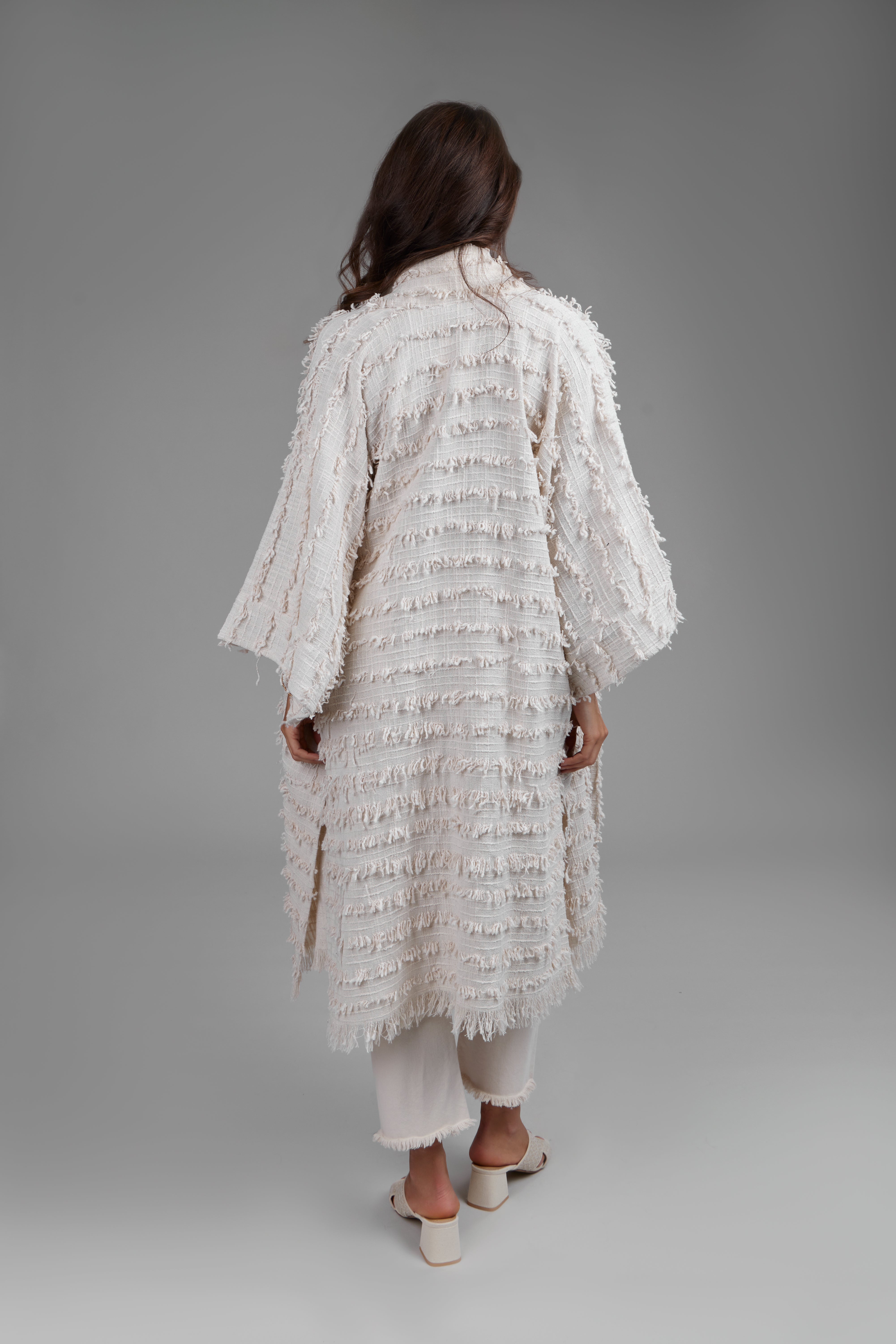 Ivory Fringe Long Jacket for Women - Boho Chic Outerwear Coat with Tassel Details | Perfect for Music Festivals, Date Nights & Fall Layering