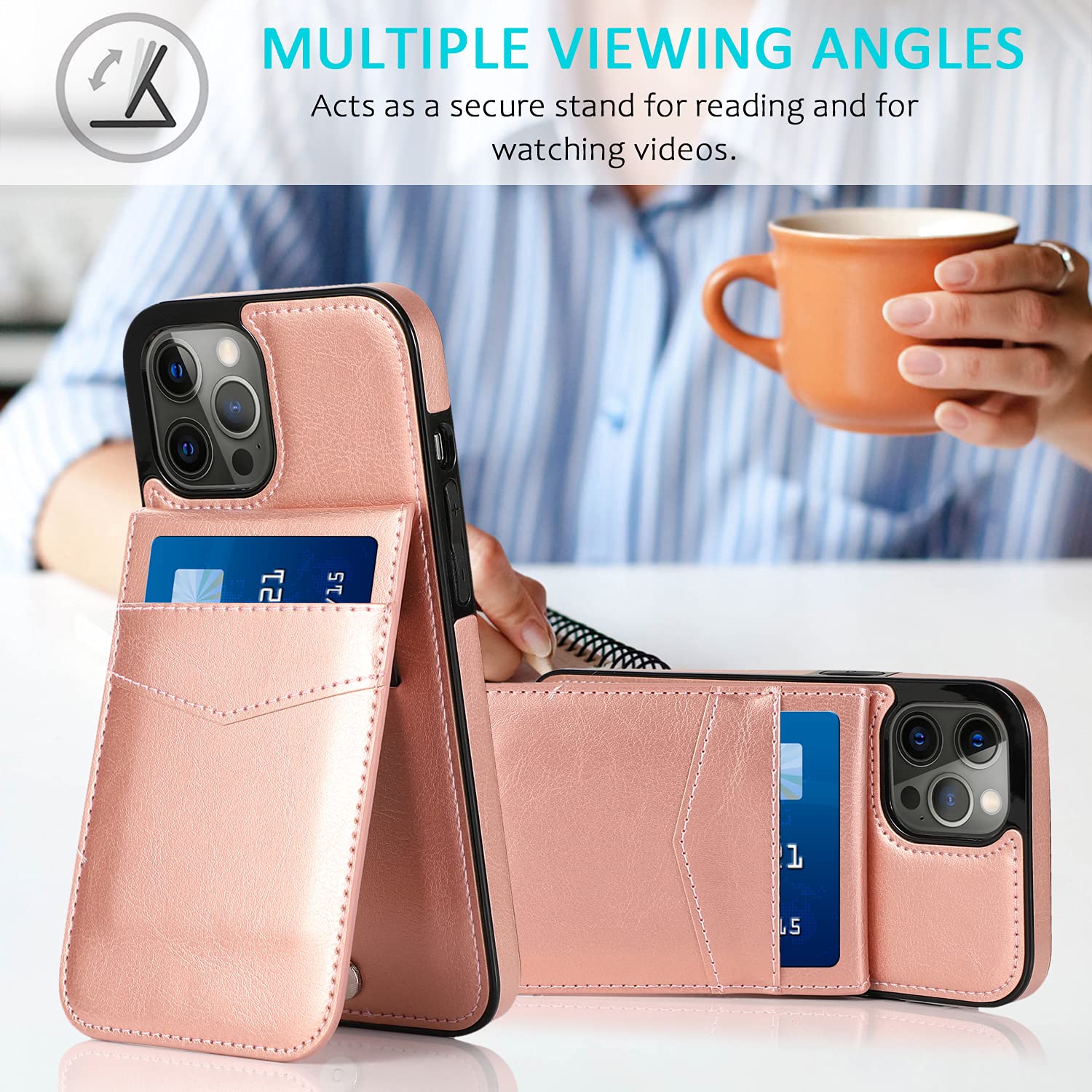 iPhone 12 Pro Max Wallet Case with Credit Card Holder - PU Leather Protective Cover for iPhone 12 Pro Max 6.7 inch (Rose Gold) - Perfect for Everyday Use, Travel & Business (Men & Women)