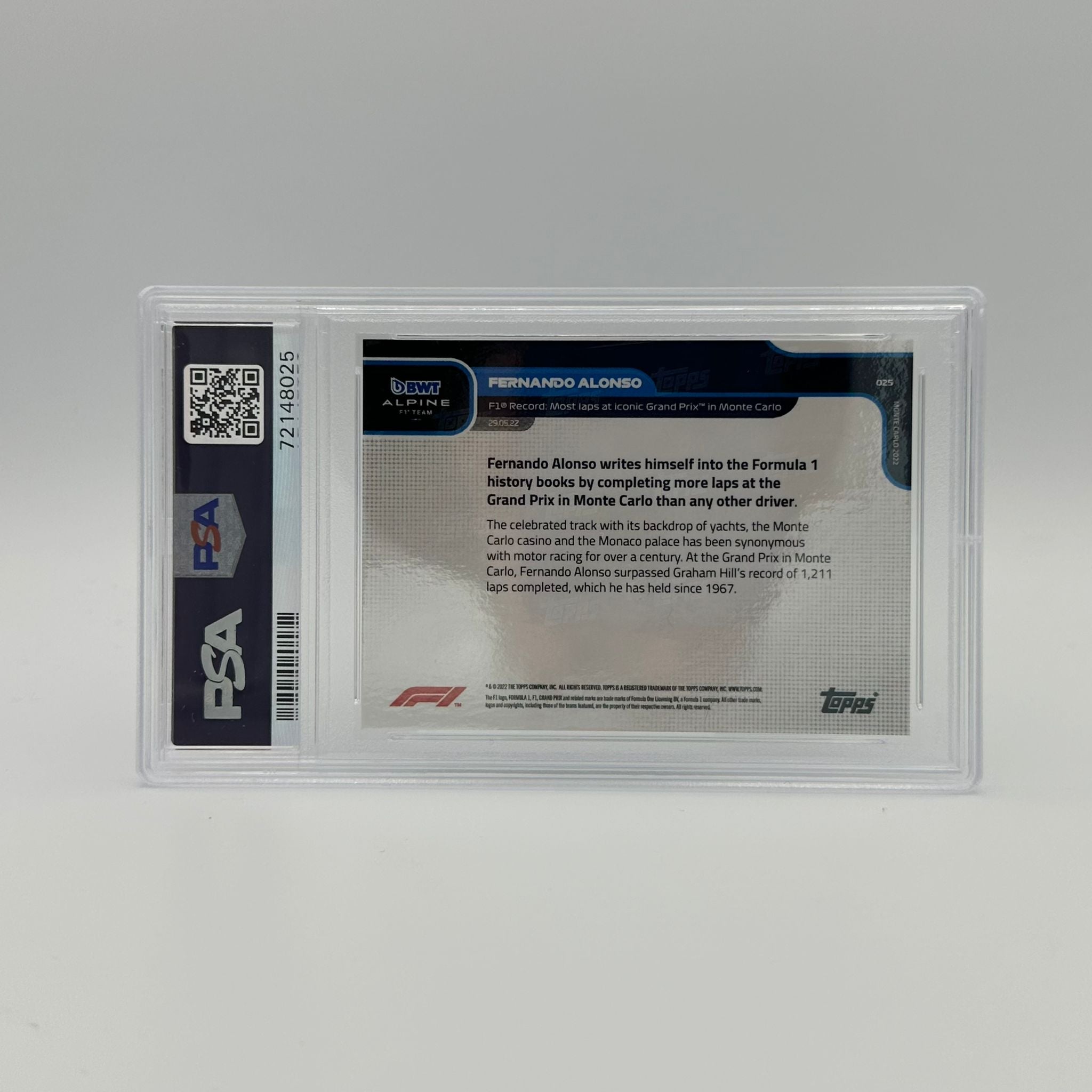 PSA 9 Graded 55/99 Fernando Alonso F1 Racing Card - Record Holder for Most Laps at Monaco Grand Prix #25 - Perfect for F1 Collectors and Sports Memorabilia Displays