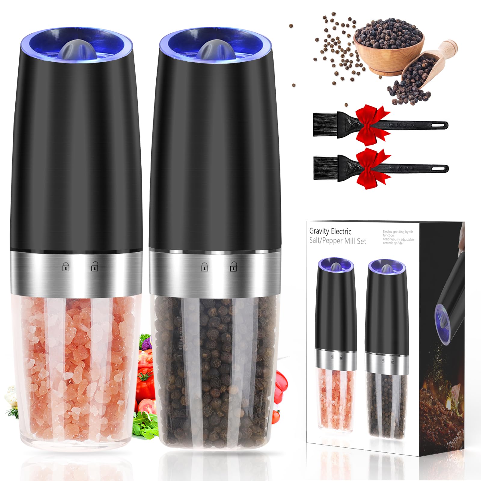 Premium Electric Salt and Pepper Grinder Set - Adjustable Coarseness, Battery Powered with LED Light - Large Capacity One-Hand Operation (2 Pack, Black) - Perfect for Kitchen, Dining Table, and Outdoor BBQ