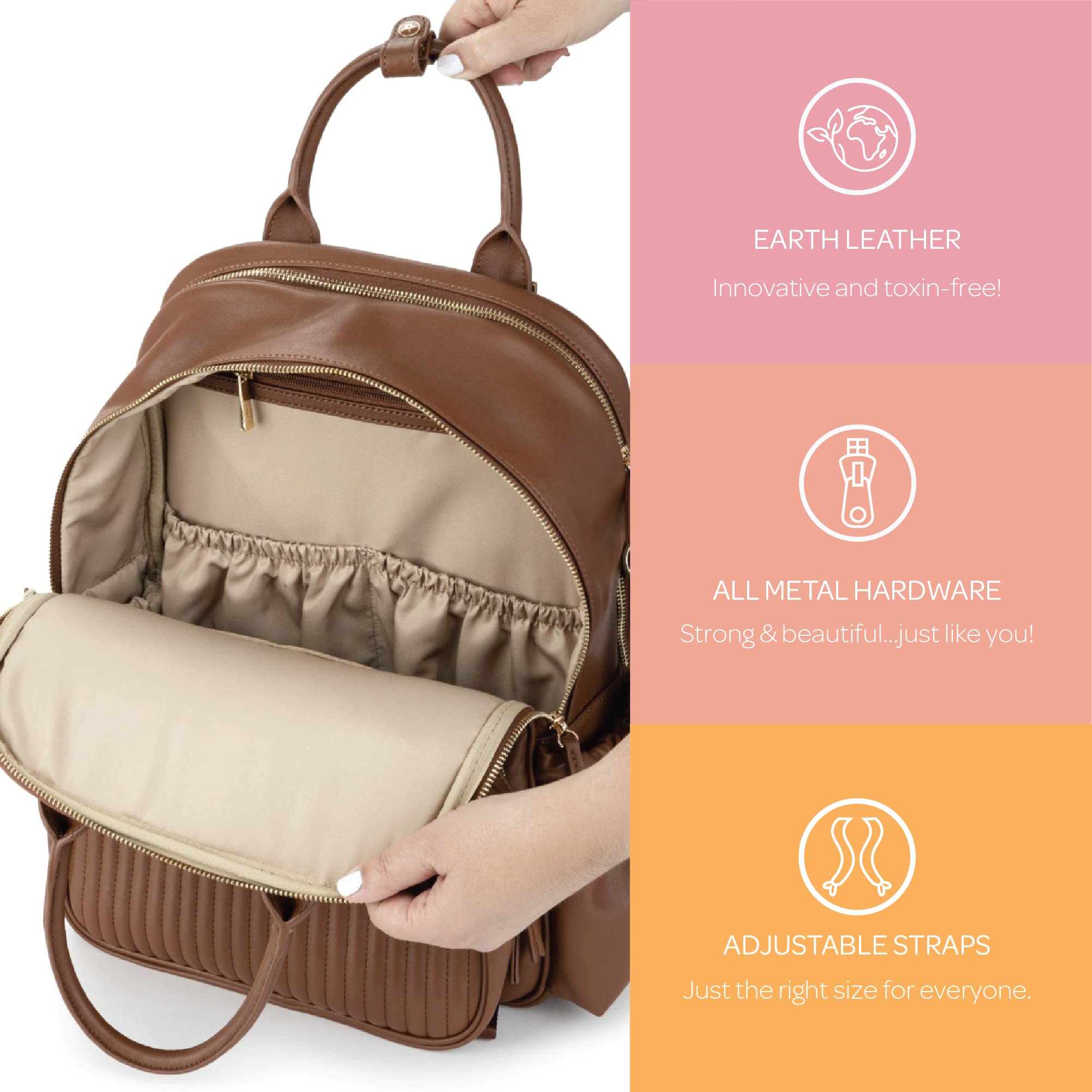 JuJuBe Vegan Leather Diaper Bag Backpack for Women - Large Travel Backpack with Multiple Pockets | Stylish & Functional Baby Bag for Moms on the Go | Perfect for Daycare, Travel & Everyday Use