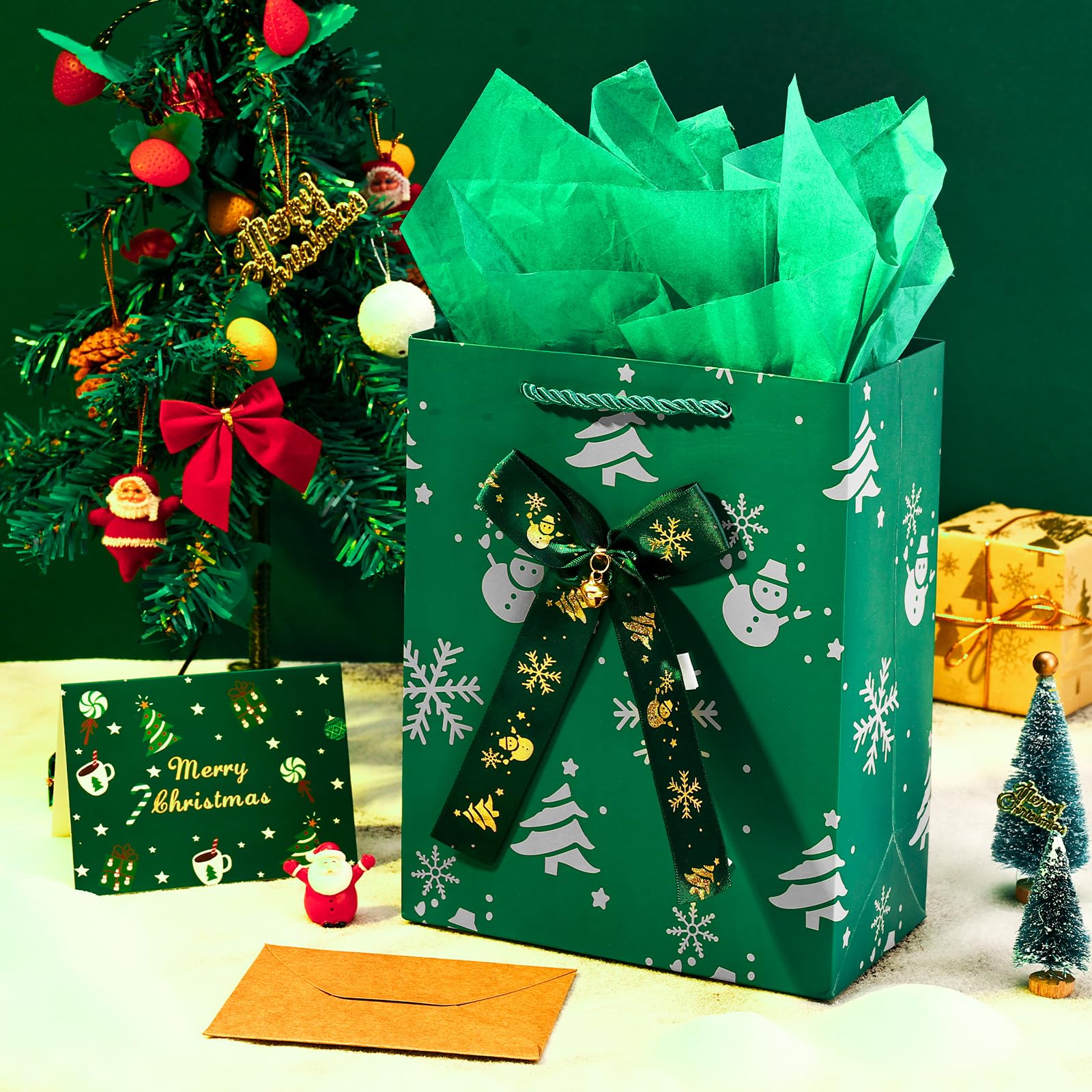 JMANNI Christmas Gift Bags with Tissue Paper & Bells - 2 Styles Small Holiday Gift Bags for Xmas Wrapping, Party Favors & Present Giving - Perfect for Christmas Parties, Office Gifts & Holiday Celebrations