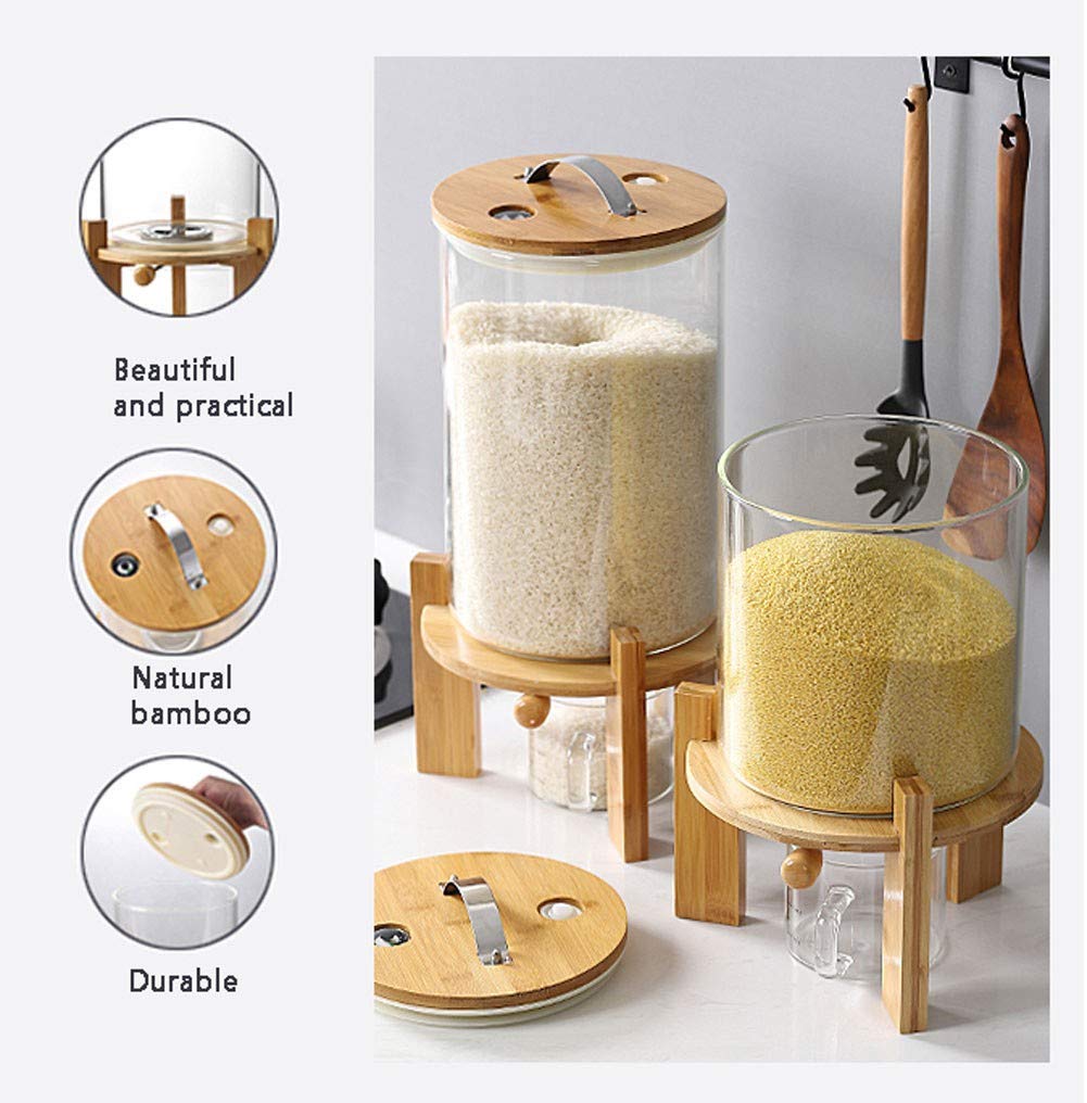 8L Glass Flour and Cereal Storage Container with Airtight Lid & Wooden Stand - Rice Dispenser for Kitchen Organization & Pantry Storage - Perfect for Baking, Cooking, and Bulk Food Storage
