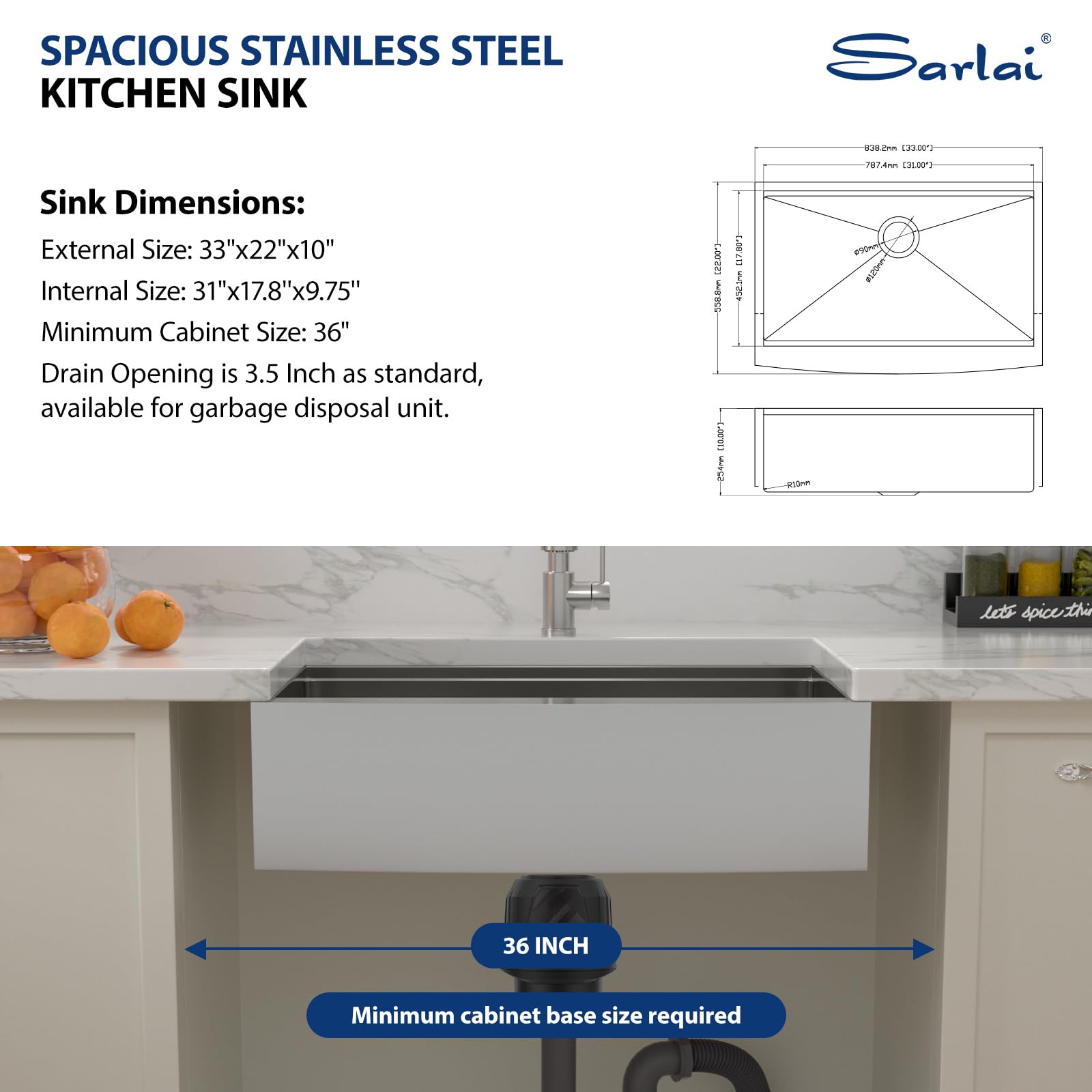 33 x 22 Inch Stainless Steel Farmhouse Kitchen Sink - 16 Gauge Apron Front Single Bowl with Ledge Workstation | Perfect for Country Style Kitchens, Food Prep & Washing Large Pots