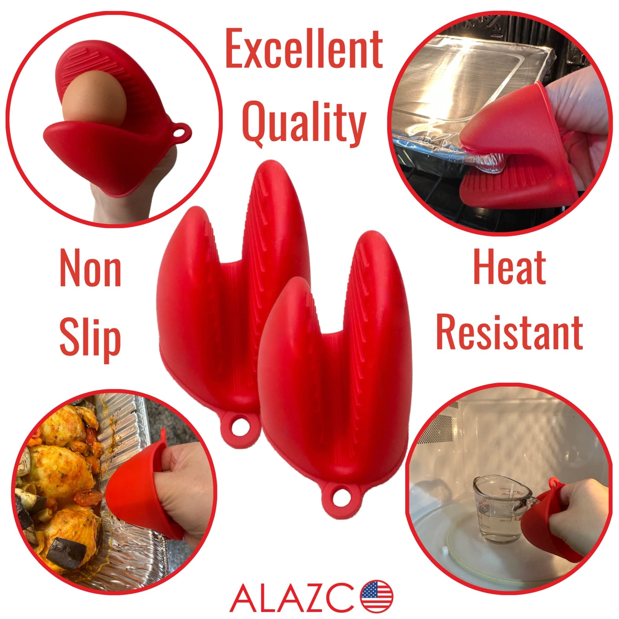 2 Pairs (4pcs) ALAZCO Heat Resistant Red Mini Oven Mitts - Food Grade Silicone Pinch Mitt Gloves & Potholders for Kitchen Cooking, Baking, BBQ - Perfect for Hot Pans, Grilling & Baking Cookies