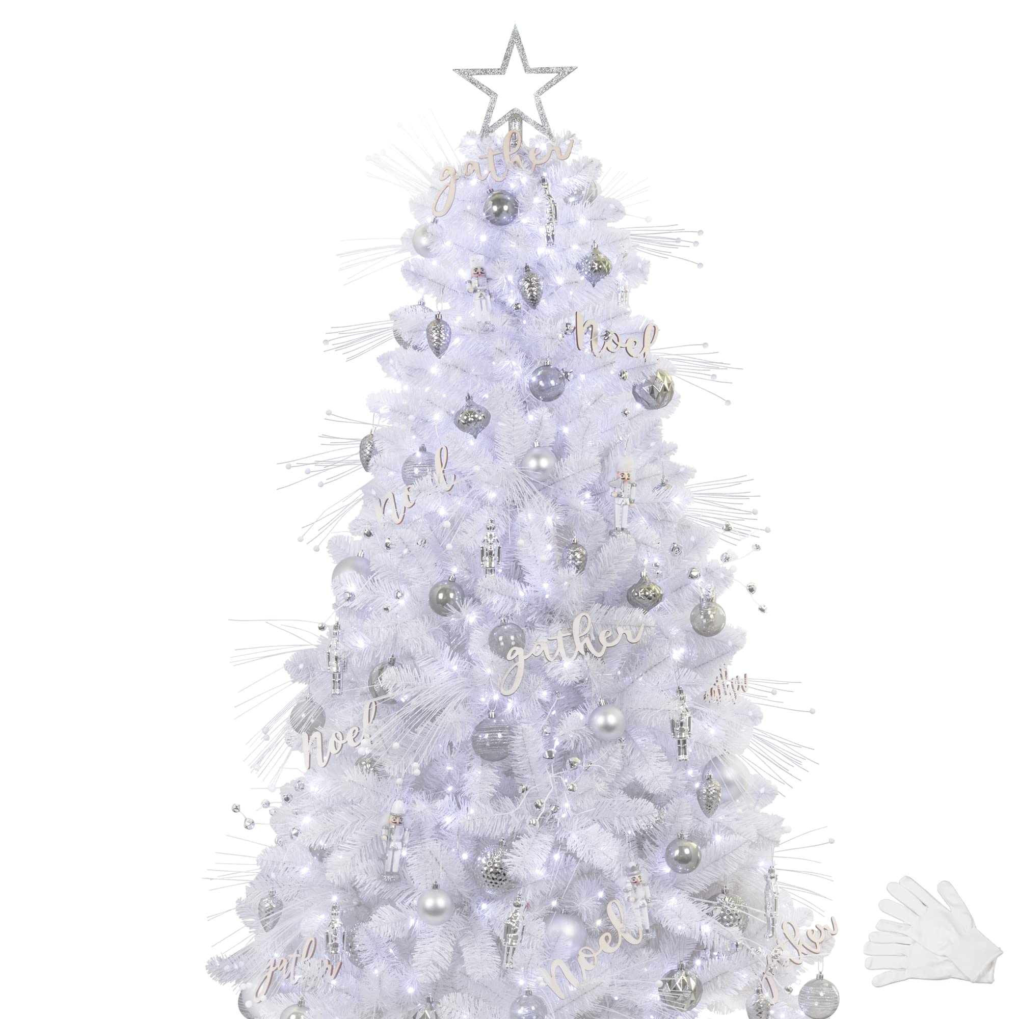 7ft Pre-Lit White Christmas Tree with Ornaments & Remote Control - Gray & Silver Holiday Decor with Timer & USB LED Lights - Perfect for Living Room, Office & Holiday Party Decorations
