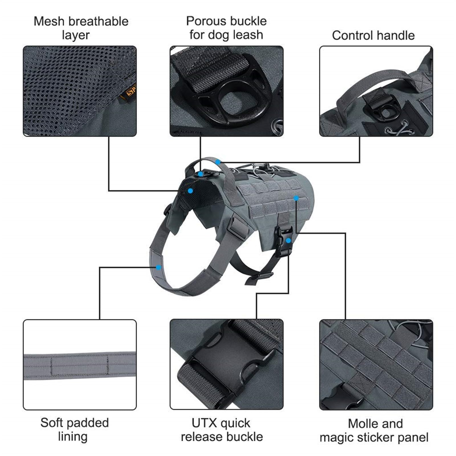 Tactical Military Dog Harness - Adjustable No-Pull Training Vest with Handle for Hunting & Outdoor Activities (Grey, Medium) | Durable Pet Gear for Hiking, Running & Police K9 Work