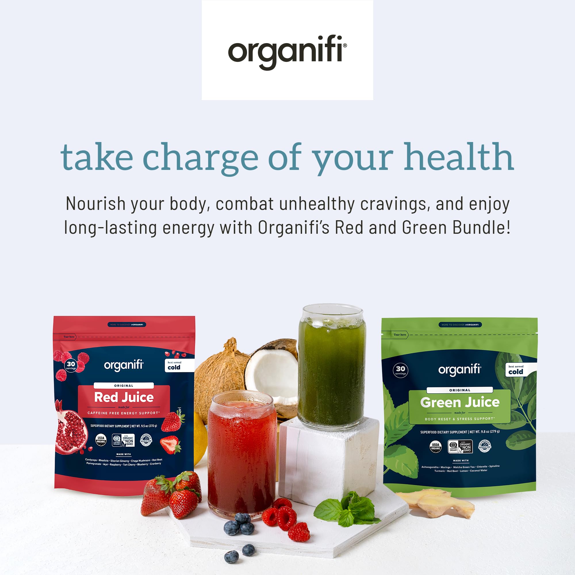 Organifi Green Juice & Red Juice Bundle - 30 Day Supply | Organic Superfood Powder with Antioxidants for Energy Boost & Stress Relief | Non-GMO, Gluten-Free, Soy-Free | Perfect for Morning Routines & Post-Workout Recovery