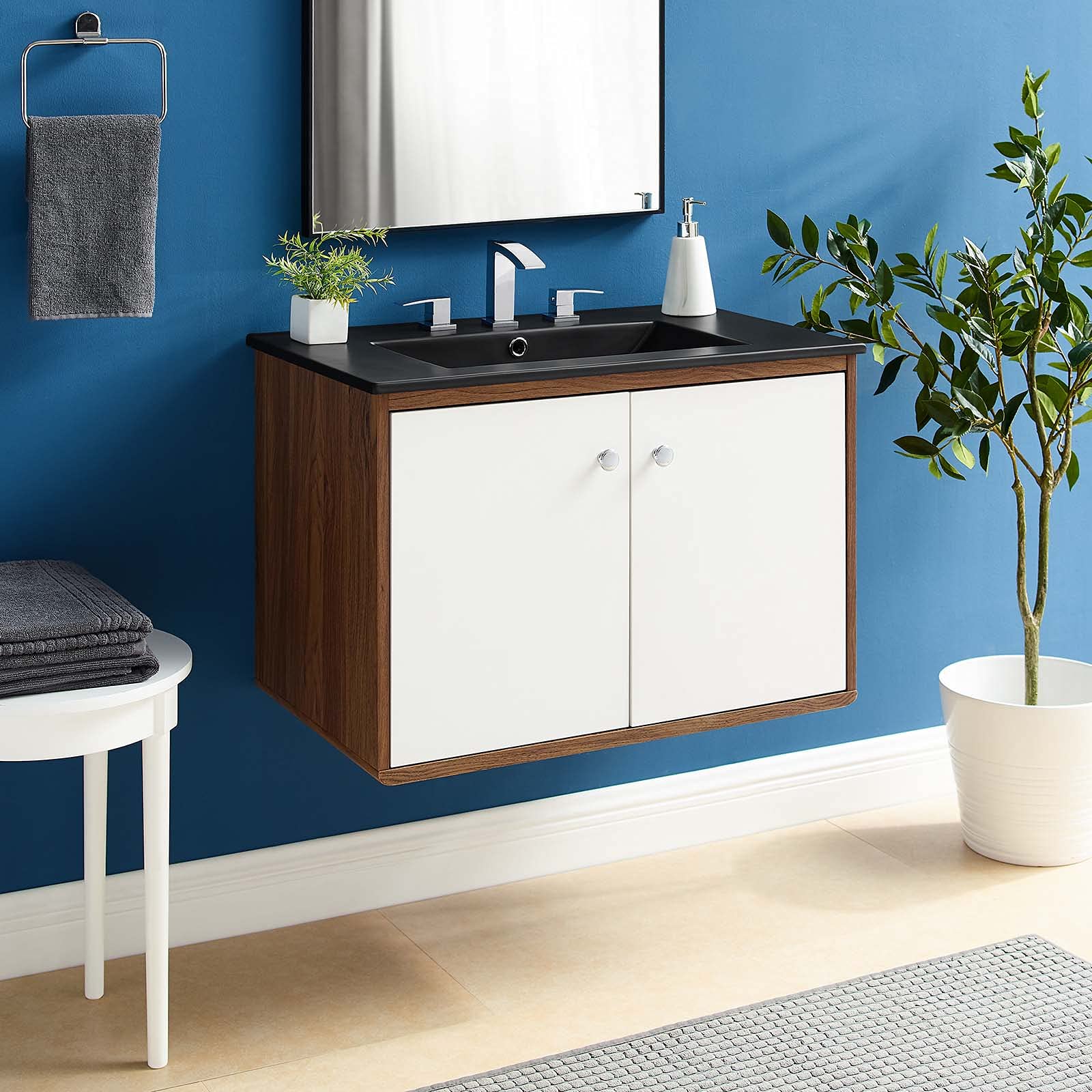 Modern Wall Mounted Sink Vanity Cabinet - Brown Walnut & Black Wood Bathroom Storage for Hotel, Home, and Apartment - Perfect for Small Spaces & Contemporary Décor
