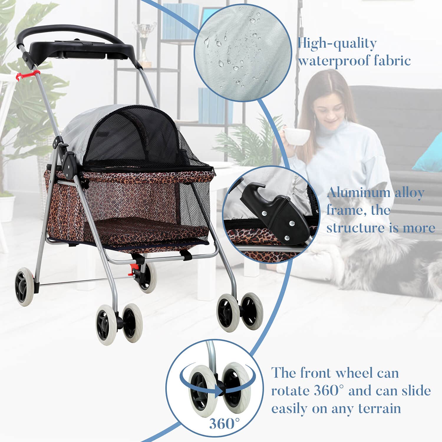 **4-Wheel Folding Dog & Cat Stroller - Durable Waterproof Pet Carrier with Cup Holder, Zippered Mesh Windows & Canopy - Leopard Print Design for Travel, Walks & Outdoor Adventures**
