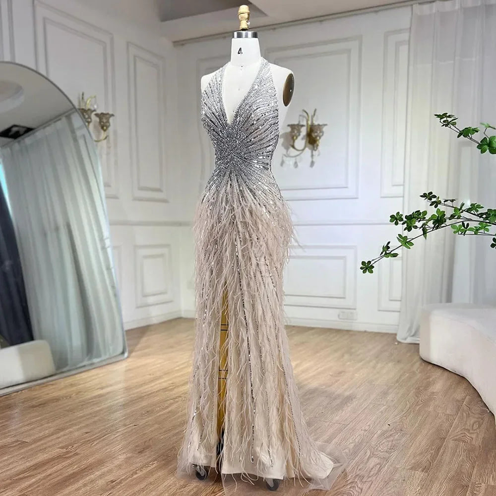 Serene Hill Luxury Beaded Feather Beige High Slit Mermaid Evening Dress for Women - Backless Formal Gown for Prom, Wedding, Red Carpet & Special Occasions