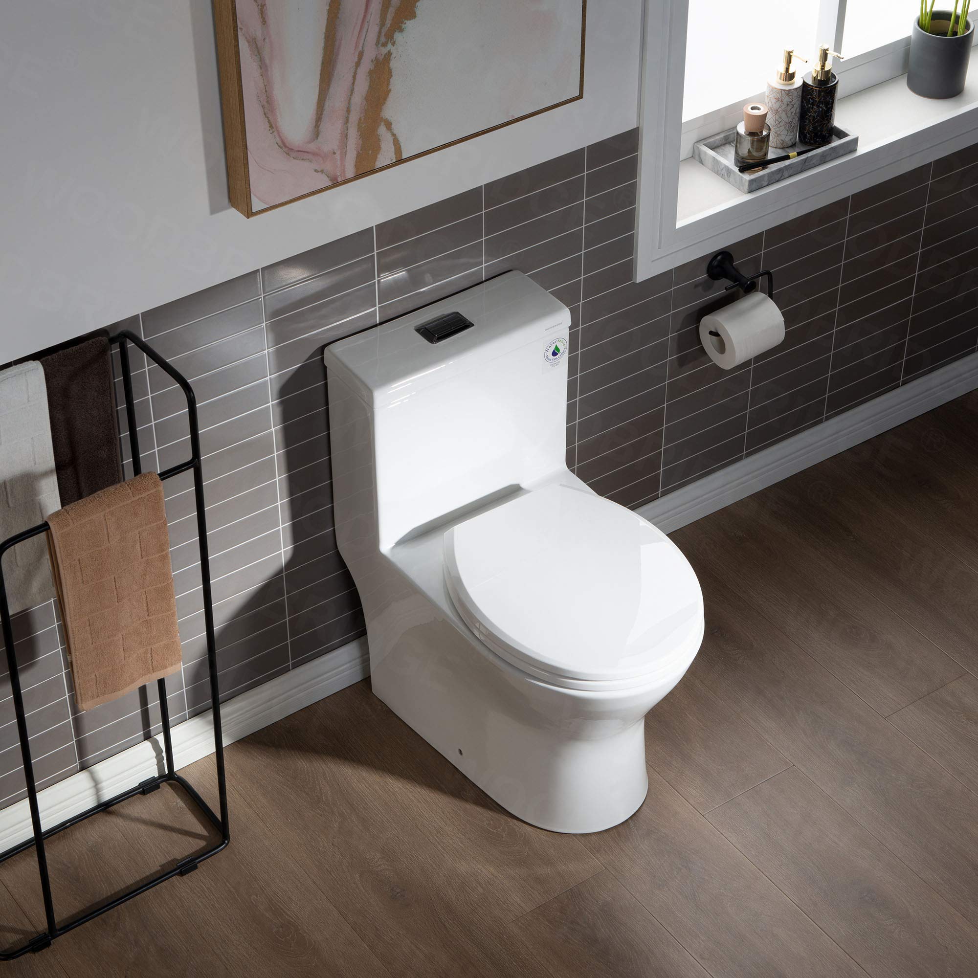 WOODBRIDGE Compact Dual Flush One Piece Toilet 1.28 GPF - Soft Closing Seat, 1000g MaP Score, Small Space Saving Design with Matte Black Button (B0500-MB, White) - Perfect for Tiny Bathrooms, Apartments & RVs