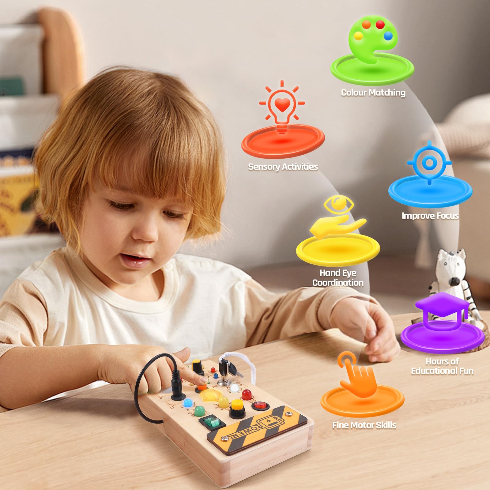 WEARXI LED Wooden Busy Board - Montessori Learning Toy for 1-3 Year Old Boys & Girls | Sensory Activity Board for Toddlers | Easter Gift for Kids | Perfect for Travel, Home Play & Early Childhood Development