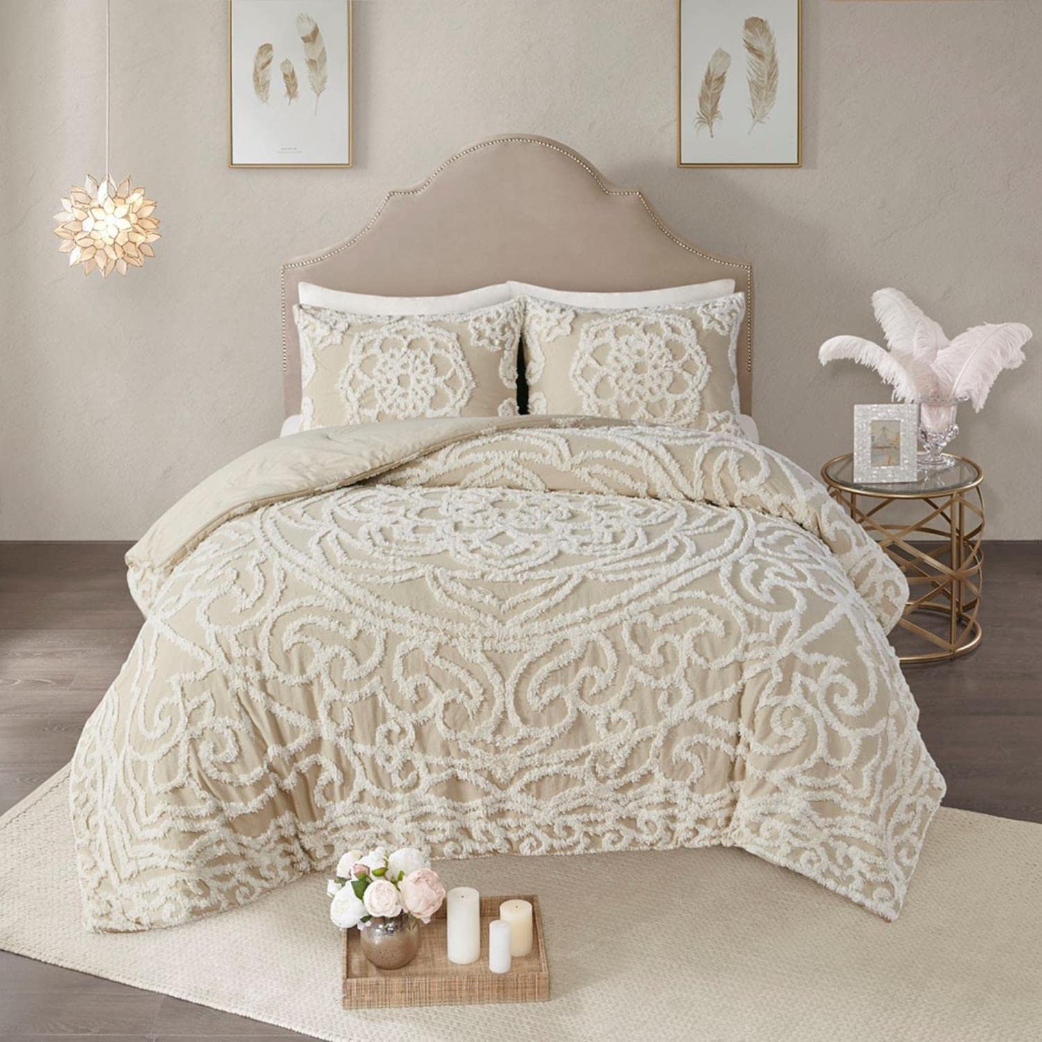 Madison Park Laetitia Bohemian Tufted Cotton Chenille Comforter Set - Shabby Chic Medallion Design, All-Season Down Alternative Bedding with Matching Shams, Floral Taupe King/Cal King (104