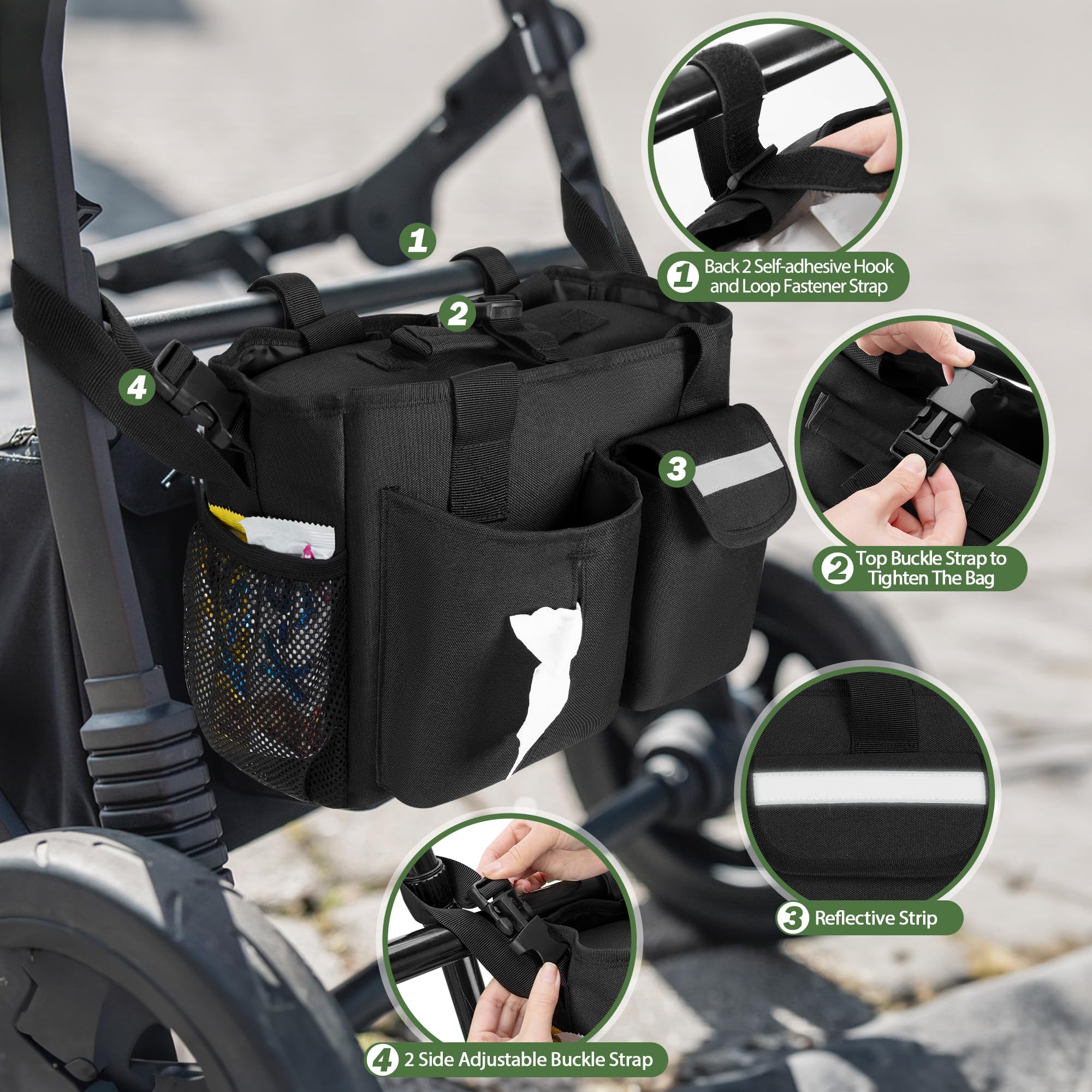 Universal Stroller Organizer with Cooler Bag - Wagon Storage Attachment Fits 14”-22” Handlebars - 2 Side Buckle Straps & Back Magic Tape Loops - Easy Carry Handle - Black - Perfect for Diaper Bags, Snacks & Baby Essentials on Walks, Shopping & Travel