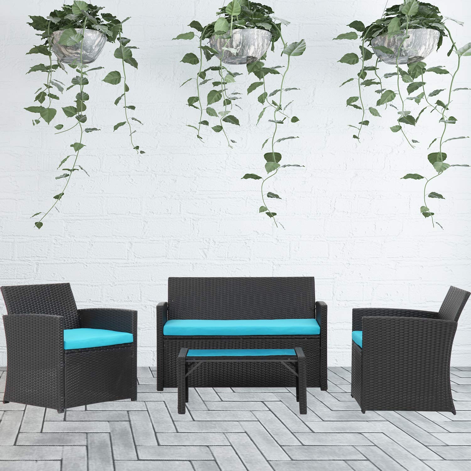 Klismos 4-Piece Patio Furniture Set - Outdoor Wicker Rattan Sofa & Chairs Conversation Set with Fade-Resistant Cushions & Tempered Glass Coffee Table (Black Rattan & Blue Cushions) - Perfect for Garden, Poolside & Backyard Relaxation