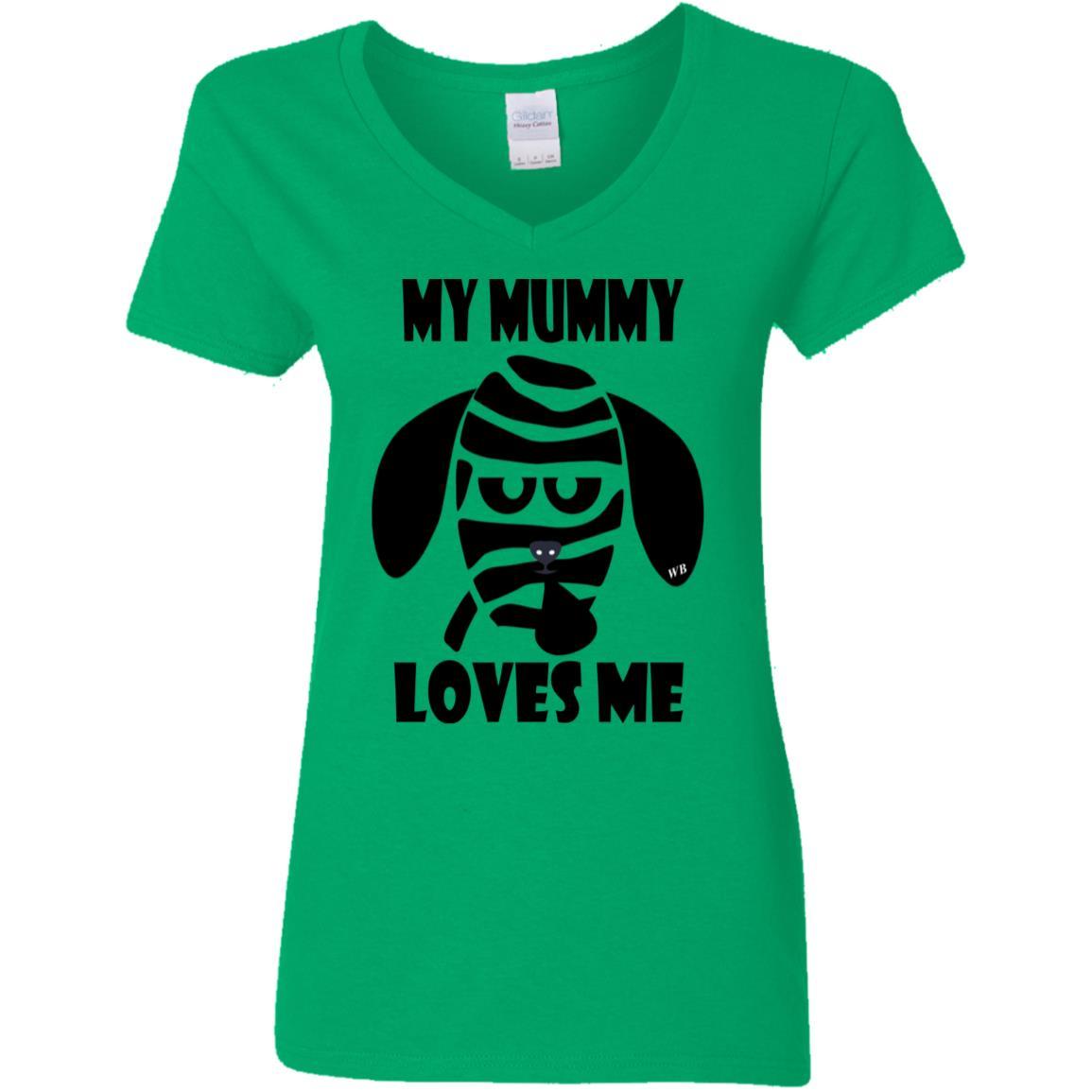 My Mummy Loves Me Halloween Women's 5.3 oz V-Neck T-Shirt | Funny Spooky Graphic Tee for Costume Parties & Trick or Treating