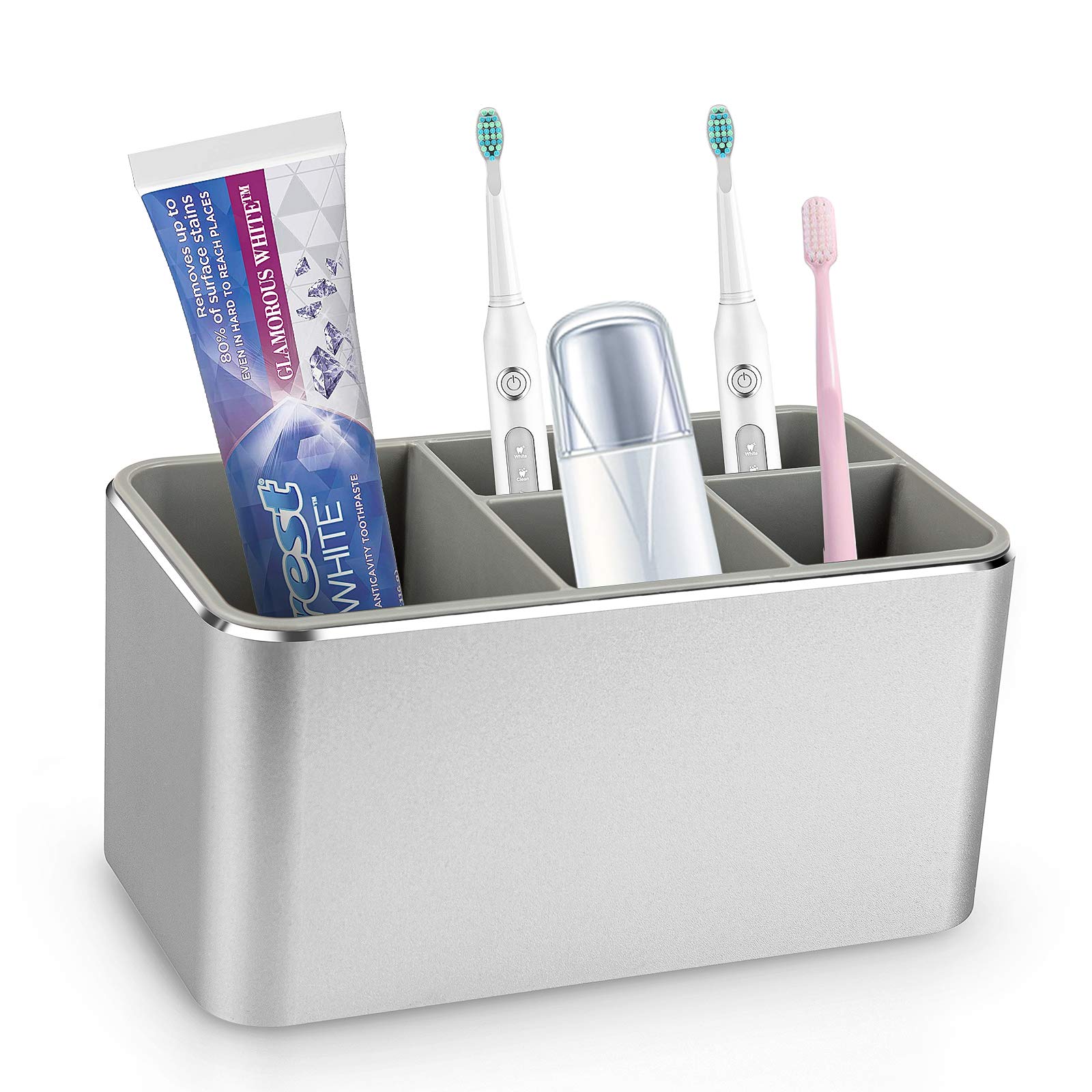 5-Slot Aluminum Alloy Toothbrush Holder with Draining Tray - Rustproof Bathroom Organizer for Vanity Countertop, Office Desk & Travel (Silver) | Perfect for Home, Hotel & Dorm Organization