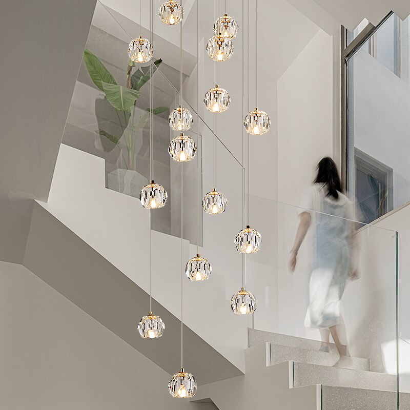 Luxury Crystal Football-Shaped Stair Chandelier - Elegant Lighting Fixture for Staircase, Foyer & Grand Entrance Decor