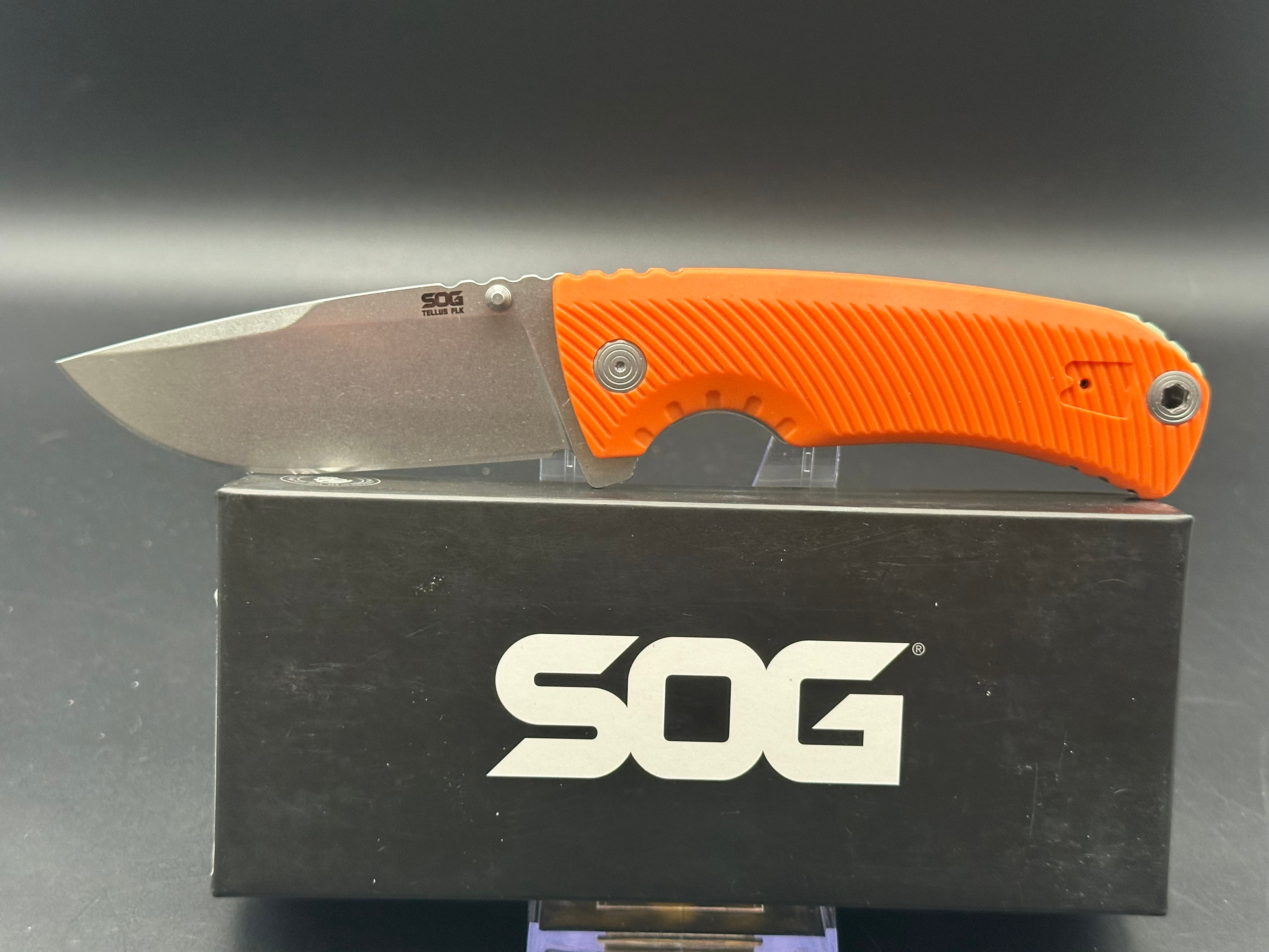 SOG Tellus FLK Blaze Frame Lock Folding Knife - Orange GRN Handle, 3.65